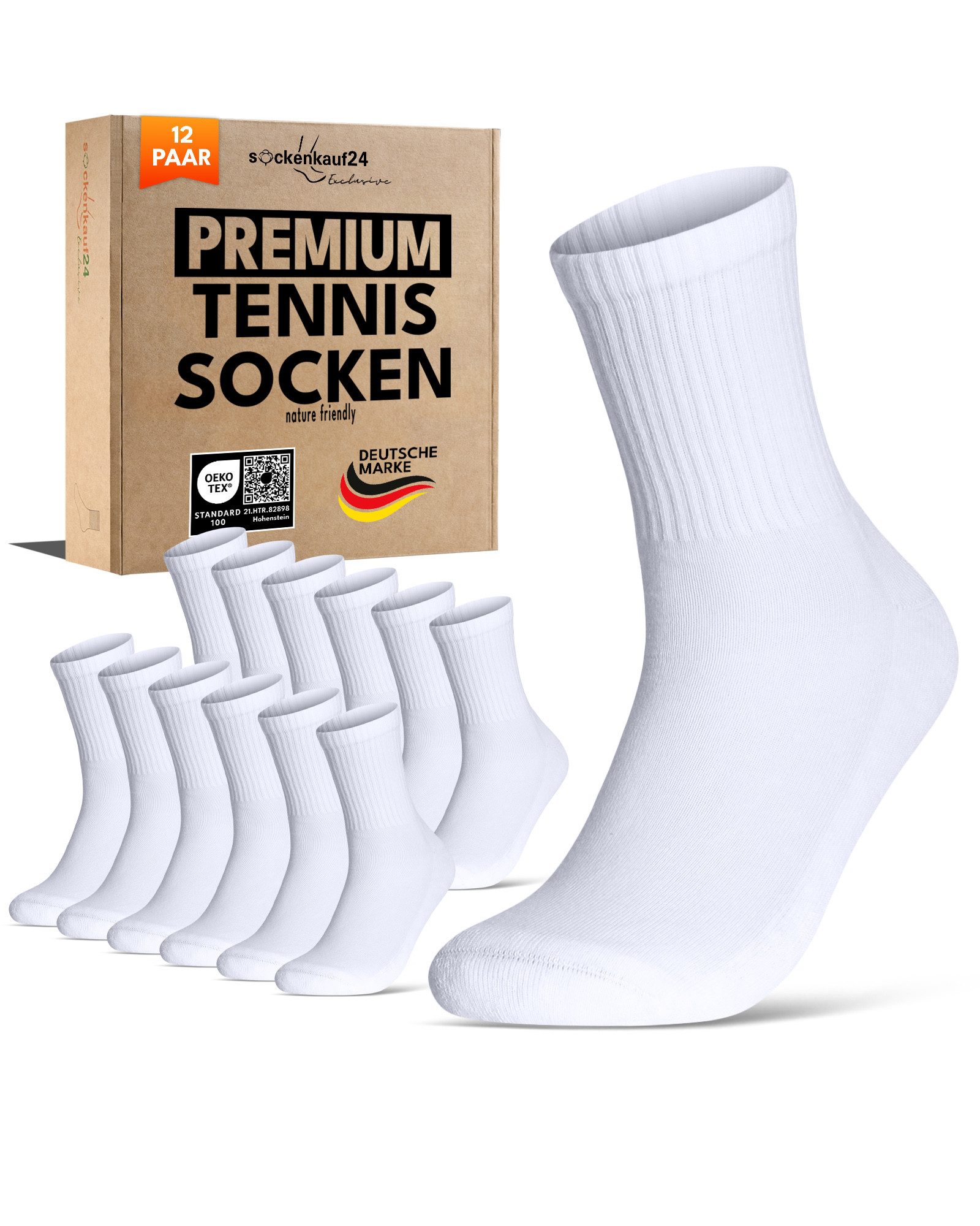 sockenkauf24 Tennissocken Damen Sportsocken Premium Retro Crew Socken mit Komfortbund (12-Paar) verstärkte Ferse & Fußspitze, gepolsterte Sohle, gekämmte Baumwolle