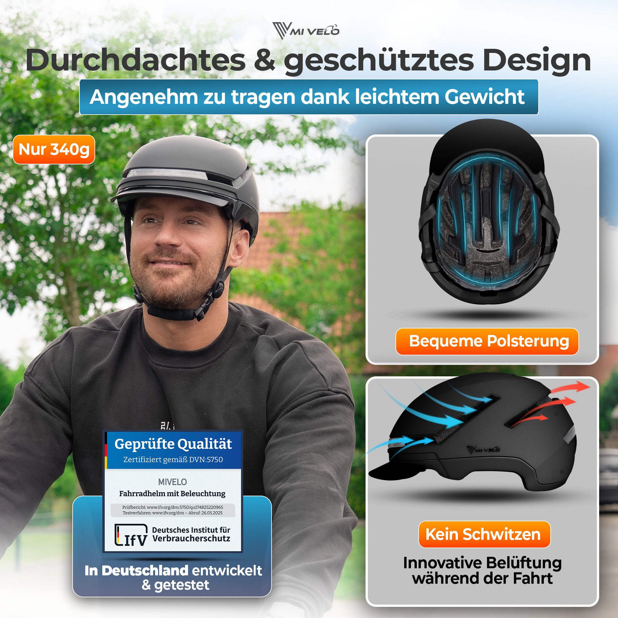 MIVELO Fahrradhelm für Herren und Damen mit Licht vorne & hinten, NTA zertifiziert, 360° Beleuchtung