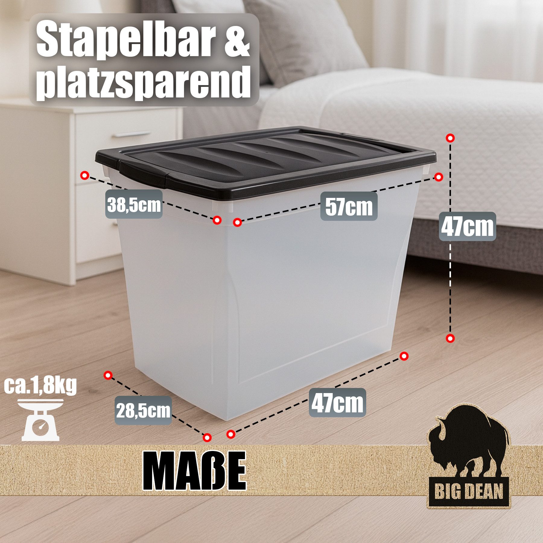 BigDean Aufbewahrungsbox 80 L Aufbewahrungsbox mit Deckel und Rollen groß Budget Line (Set, 1 St., Aufbewahrungsbox mit Deckel), Durchdacht, Praxisnahes Design, Stapelbar