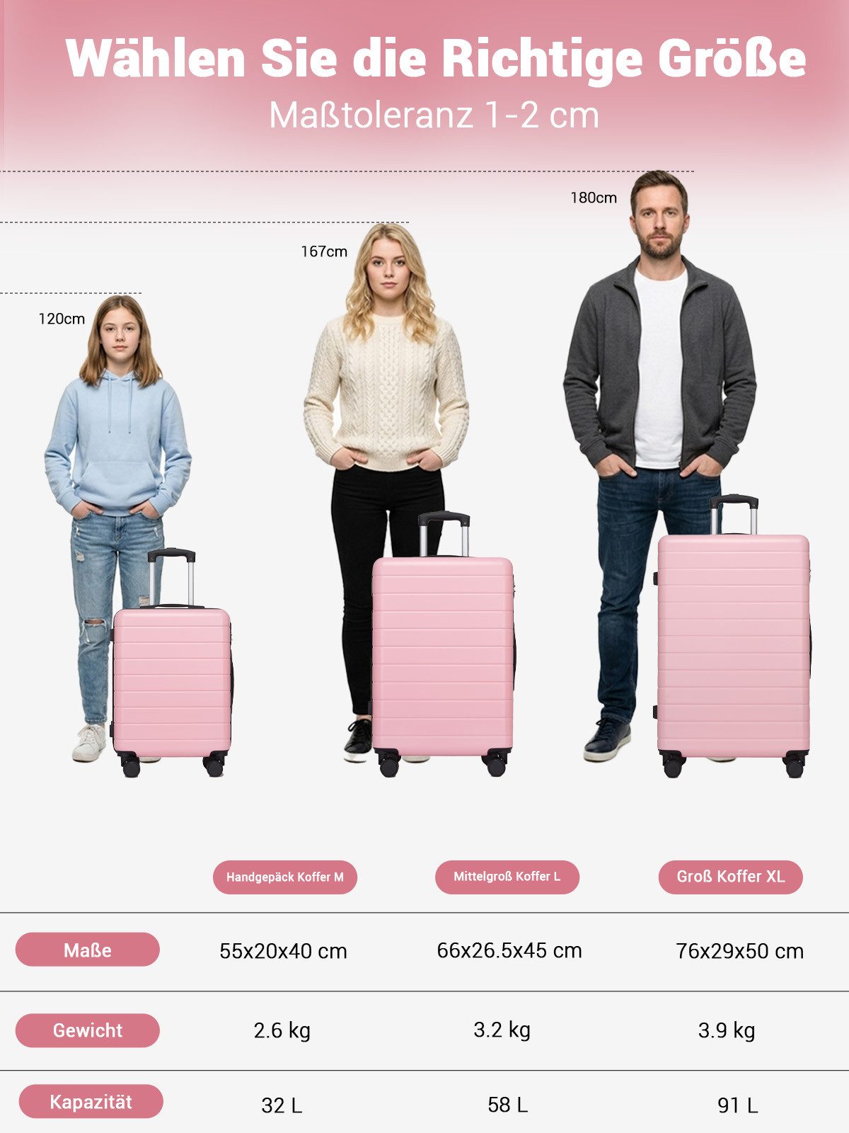KONO Handgepäckkoffer, leichter ABS-Hartschalenkoffer mit 360° geräuscharmen Rollen