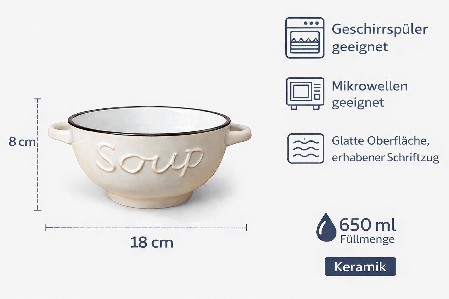 WestCraft Suppenschale Landhaus Suppenschüssel mit Griff Schüssel für heisse Suppen 650 ml, Keramik, (1-tlg), auch für Nudeln, Reis, Desserts, Salate, Suppen, Haferflocken Porridge