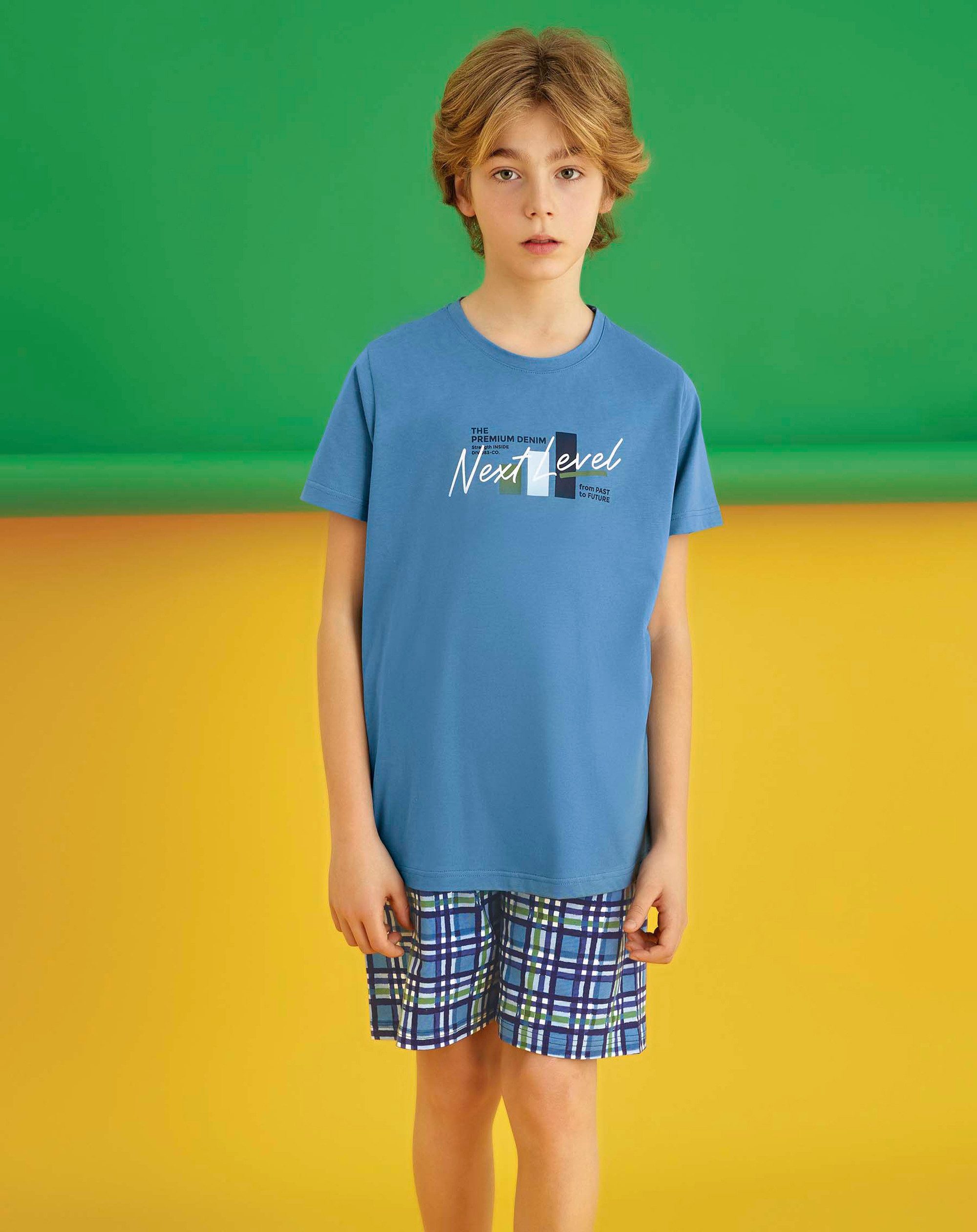 Vienetta Schlafanzug Kids (Set, 2 tlg., 2-teilig) Jungen Pyjama Bermuda Shorty Kurzarm Baumwolle Karomuster