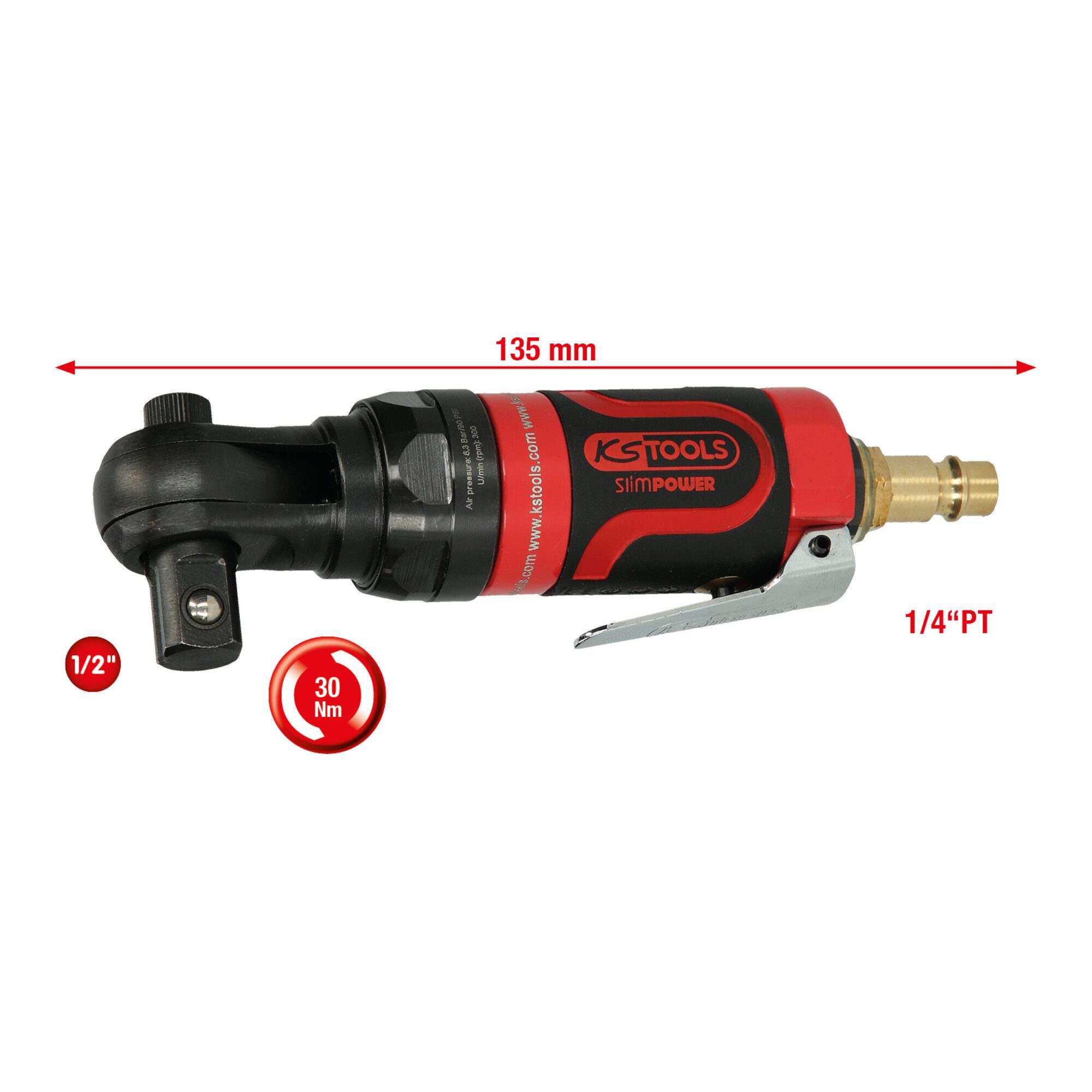 KS Tools Akku-Ratschenschrauber KS Tools 1/2" SlimPOWER Mini-Druckluft-Umschaltratsche 30Nm