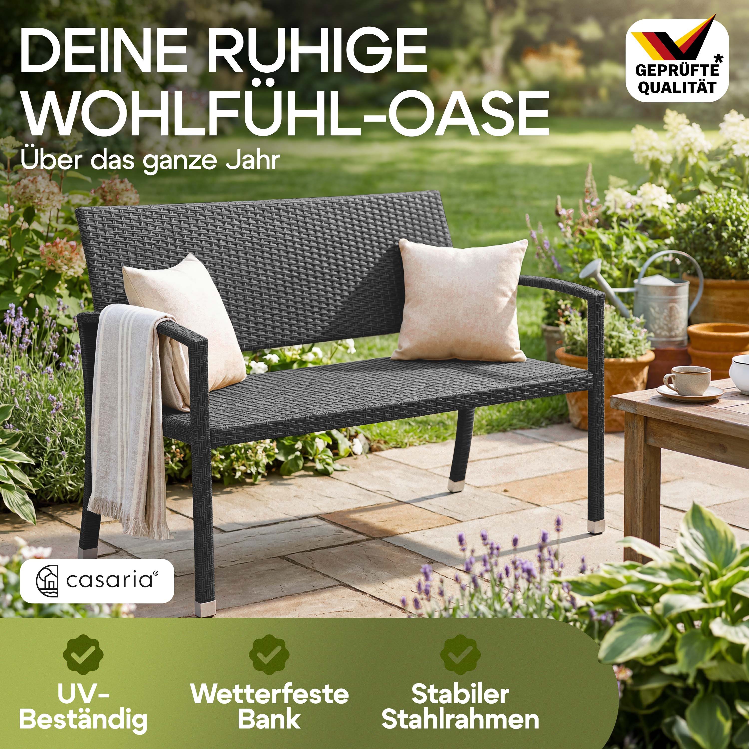 Casaria Gartenbank, Sitzbank Wetterfest 320kg Belastbar Garten Bank Polyrattan Schwarz
