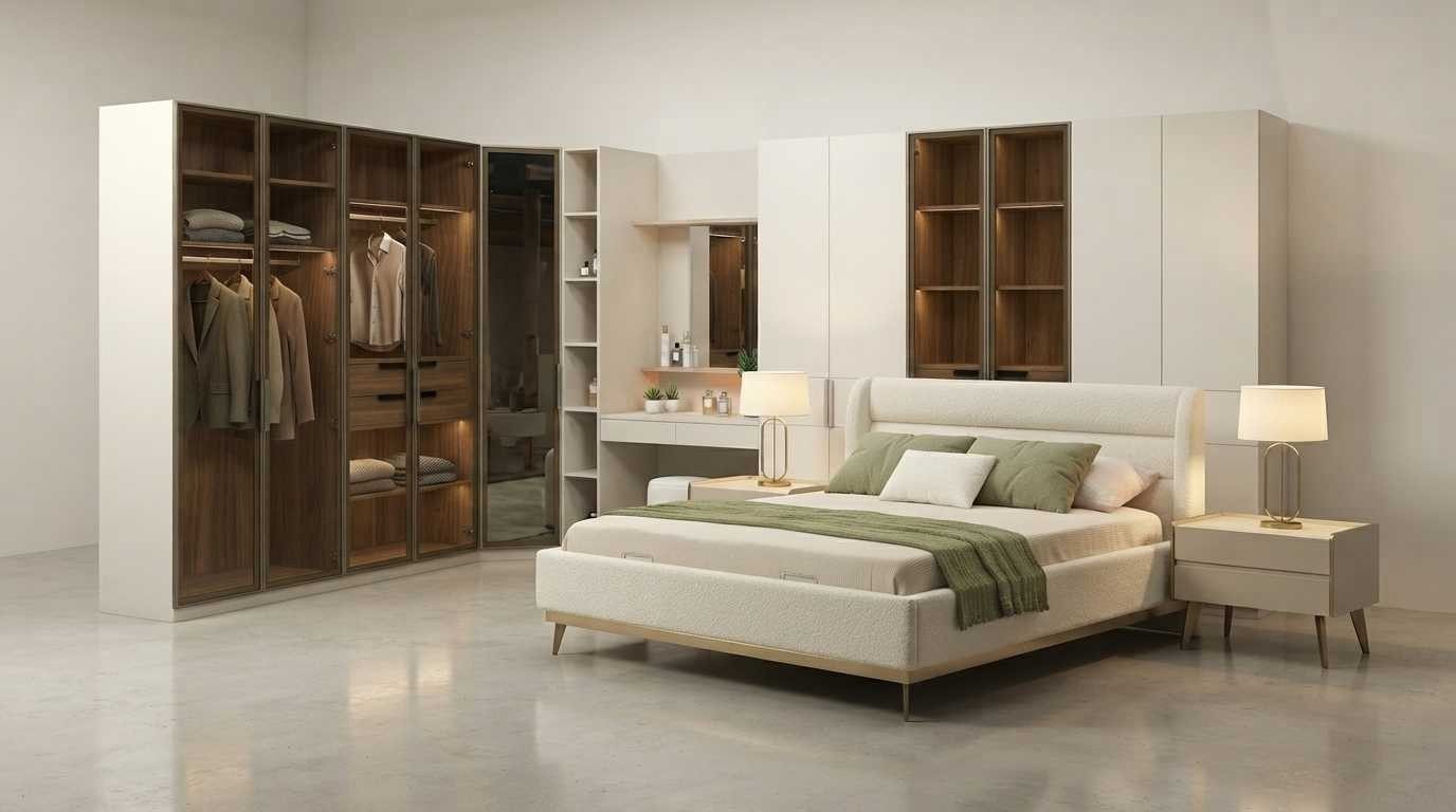 Xlmoebel Komplettschlafzimmer Schlafzimmer Set Beige Modern Luxus Bett Schrank Nachtkonsolen, (5-tlg., inkl. Eckkleiderschrank, Bett, 2x Nachttische, Hocker)