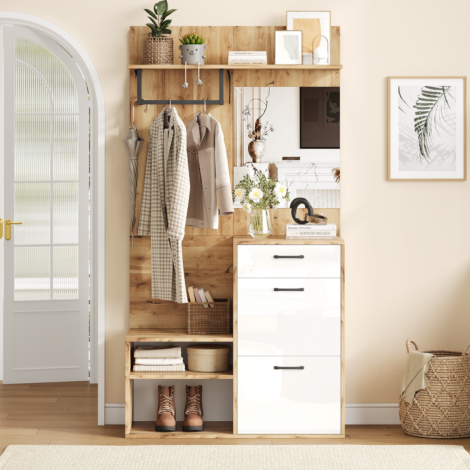 Garderobenschrank Mit Spiegel Für Flur - 135x25x180 Cm, Weiß, Mit Schuhschrank & Ablage