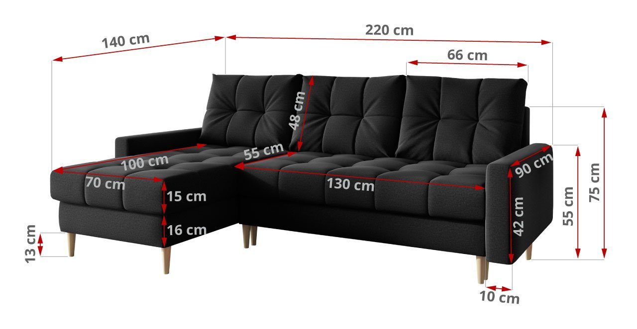 mit Ecksofa Schwarz mit MÖBEL Bettkasten Polstersofa MKS Schlaffunktion, Scandi,