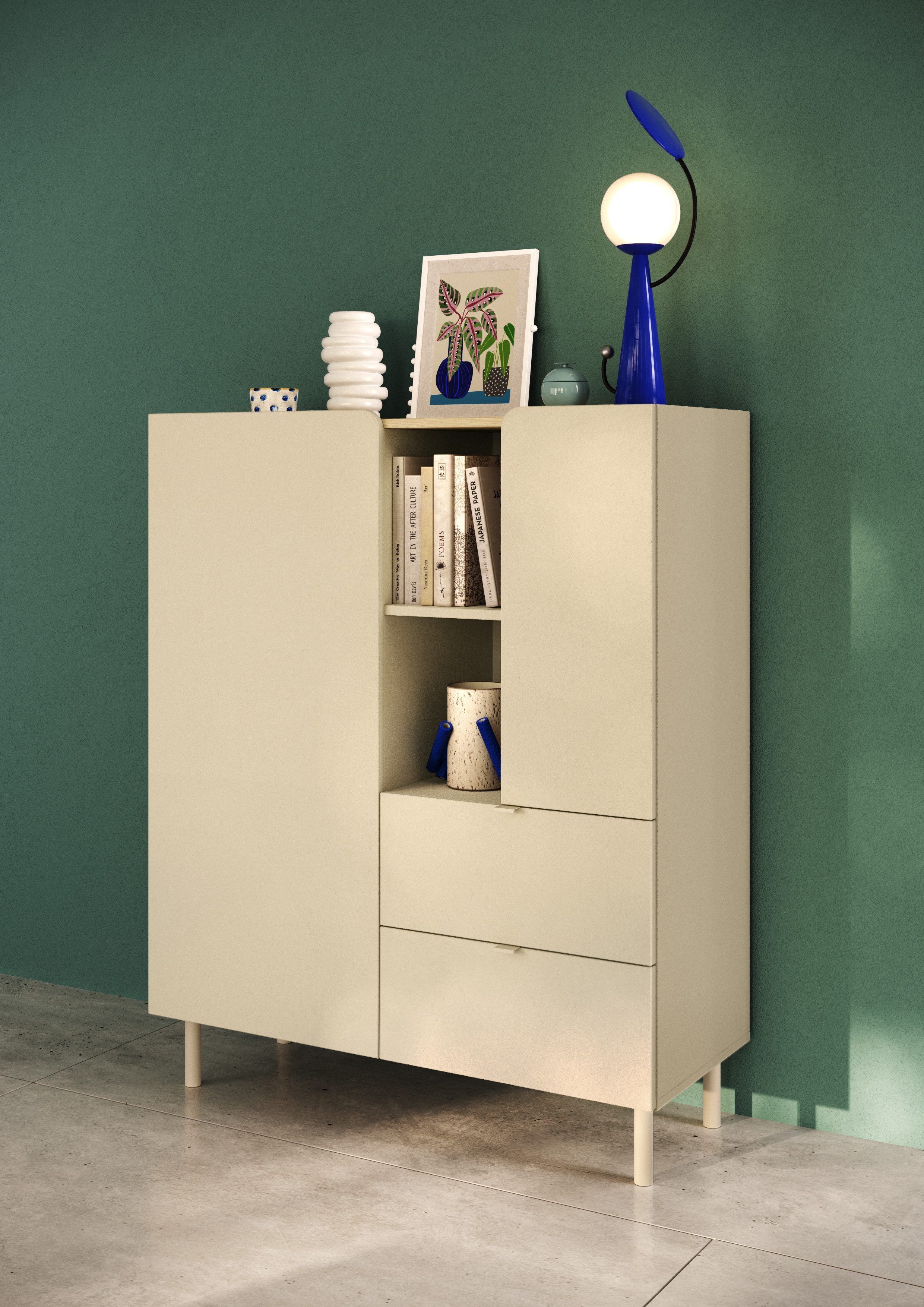 OTTO home Highboard Dobbiaco, B/H 101/124 cm, 2 Türen, 2 Schubkästen, Stauraumschrank, Innenliegendes Top, gerade Metallfüße, Tür mit Rundung