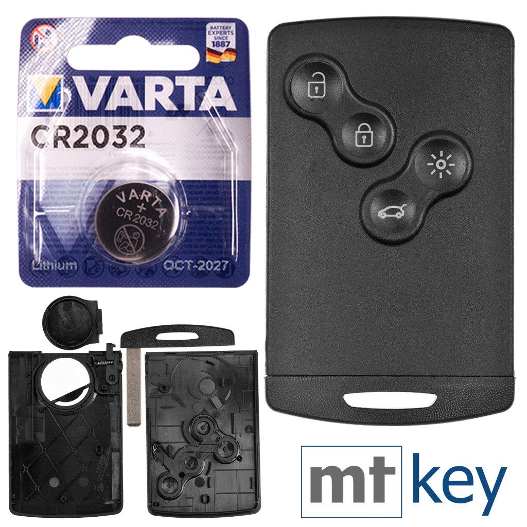 mt-key Auto Schlüssel Karte 4 Tasten + Notschlüssel Rohling + VARTA CR2032 Knopfzelle, CR2032 (3 V), für Renault Clio Captur Laguna III Koleos Funk Fernbedienung