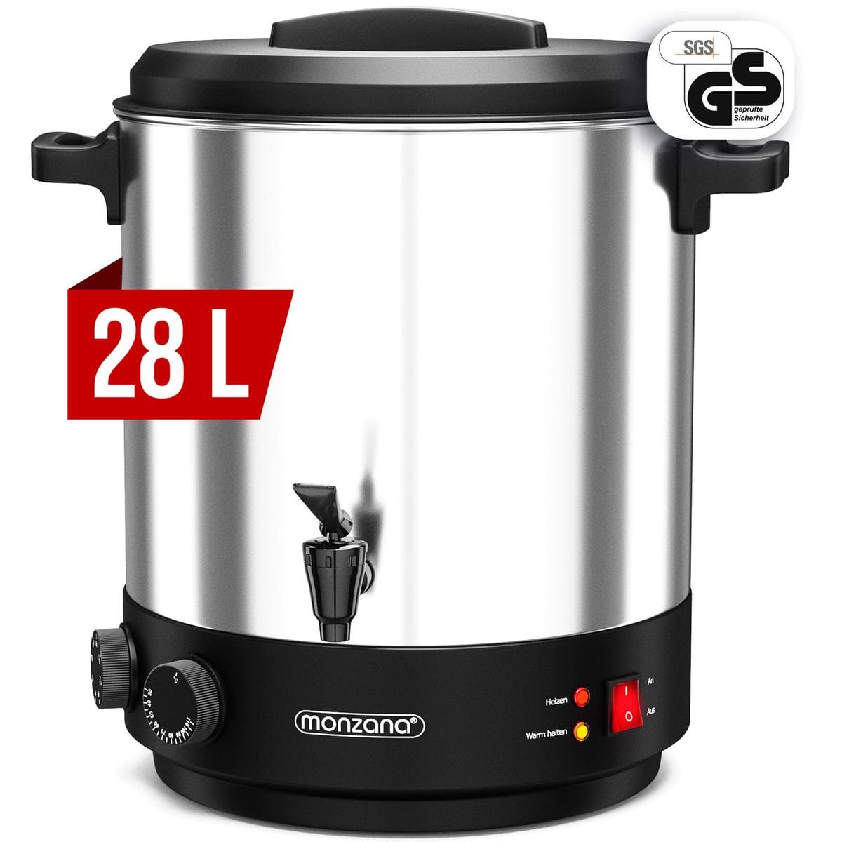 monzana Einkoch- und Glühweinautomat, 1800 W, Einkochtopf 28L mit Abschaltautomatik Ablasshahn Thermometer Edelstahl