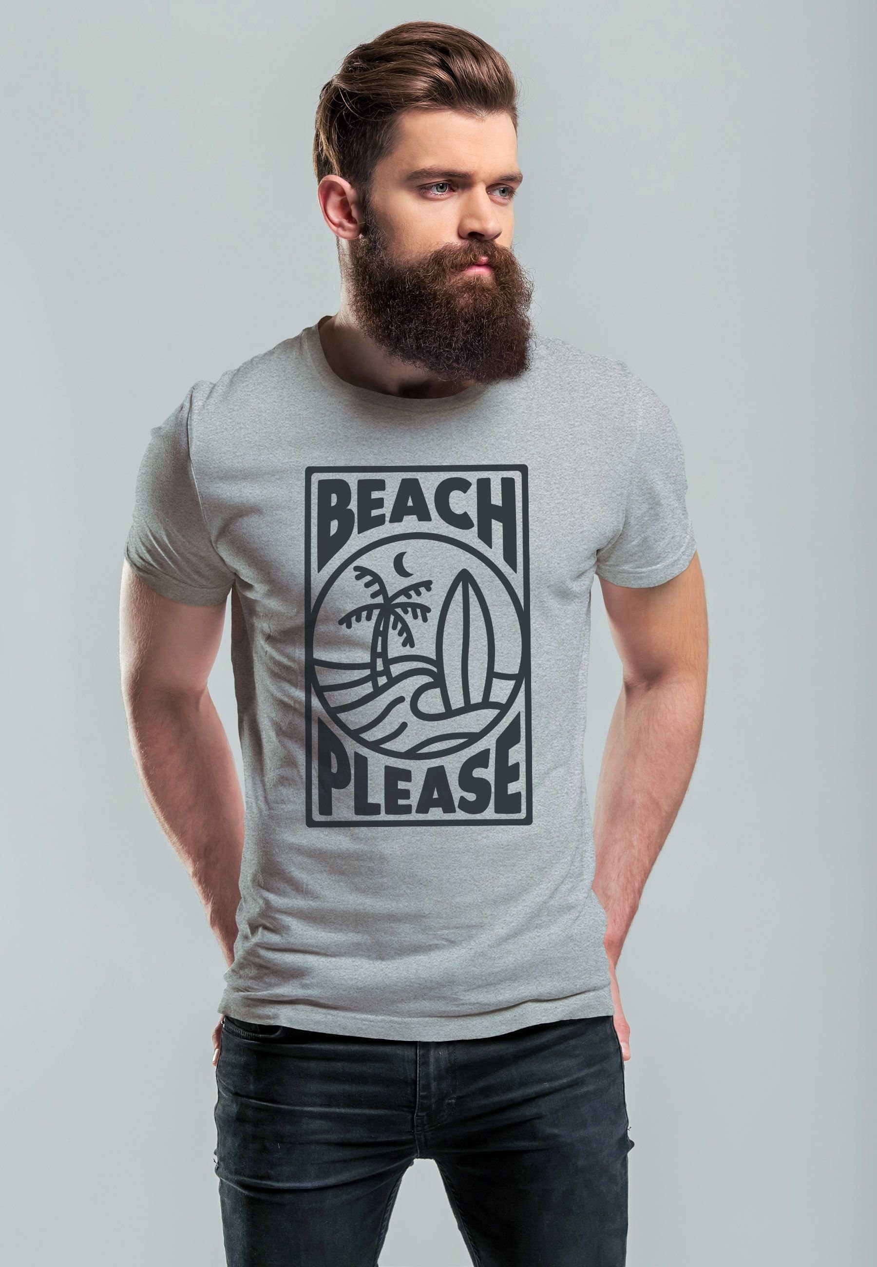 Print Wave T-Shirt Please mit Sommer Welle Print-Shirt Beach Surfboard Herren grau Print Neverless Surfing