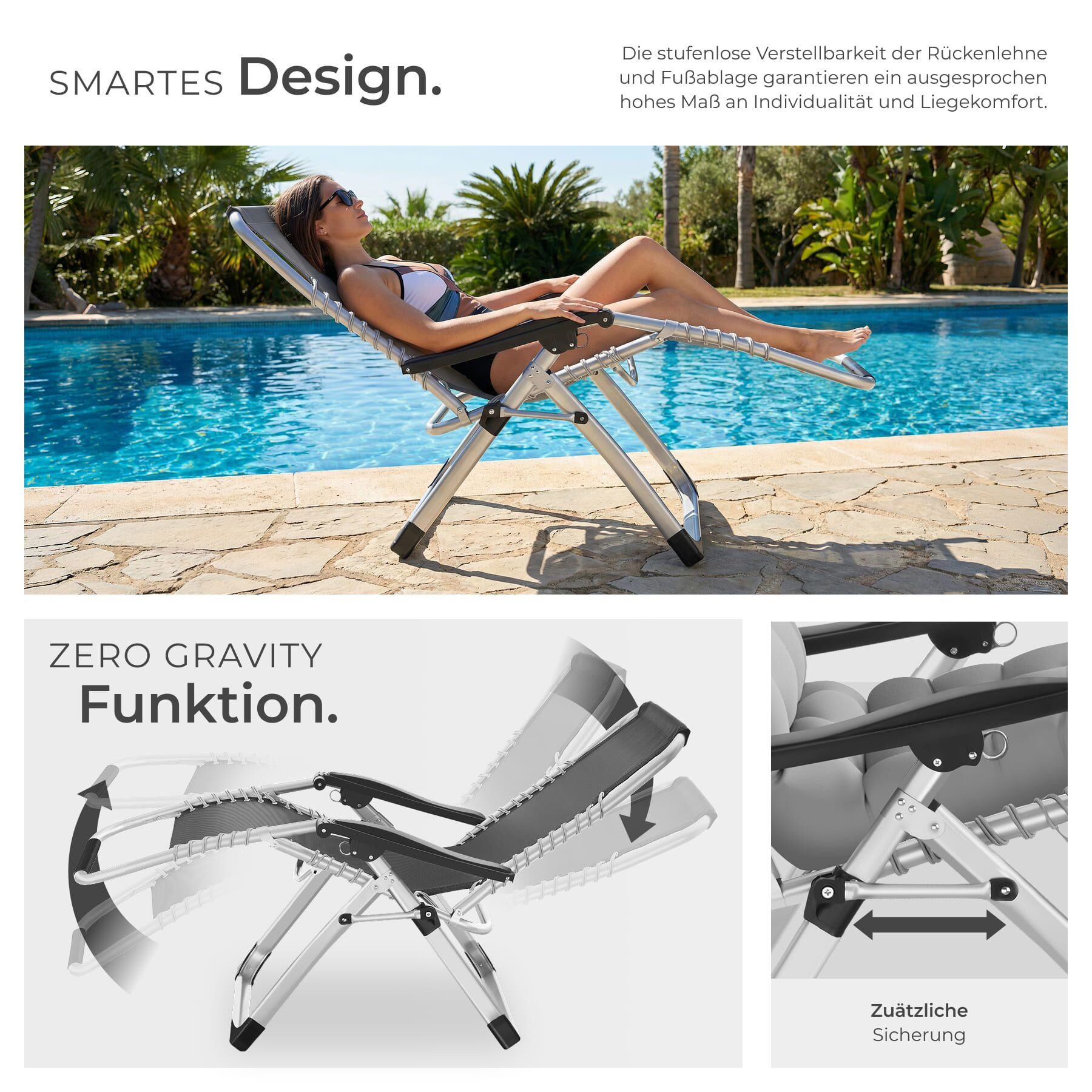 tectake Gartenstuhl Sonnenliege, klappbar, 84 x 168 x 82,5 cm, mit Ablagetisch (Terrassenstuhl Cloud für Außen in Hellgrau, 1 St), widerstandsfähig, Belastbarkeit 200 kg, inkl. Sitz- und Kopfpolster