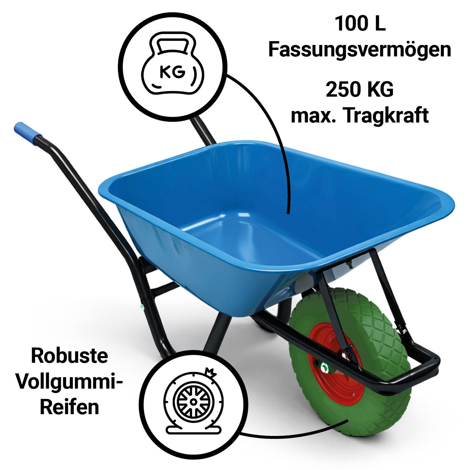 Bituxx Schubkarre Schwarz Mulde Blau mit PU Rad Grün, (MS-19708)