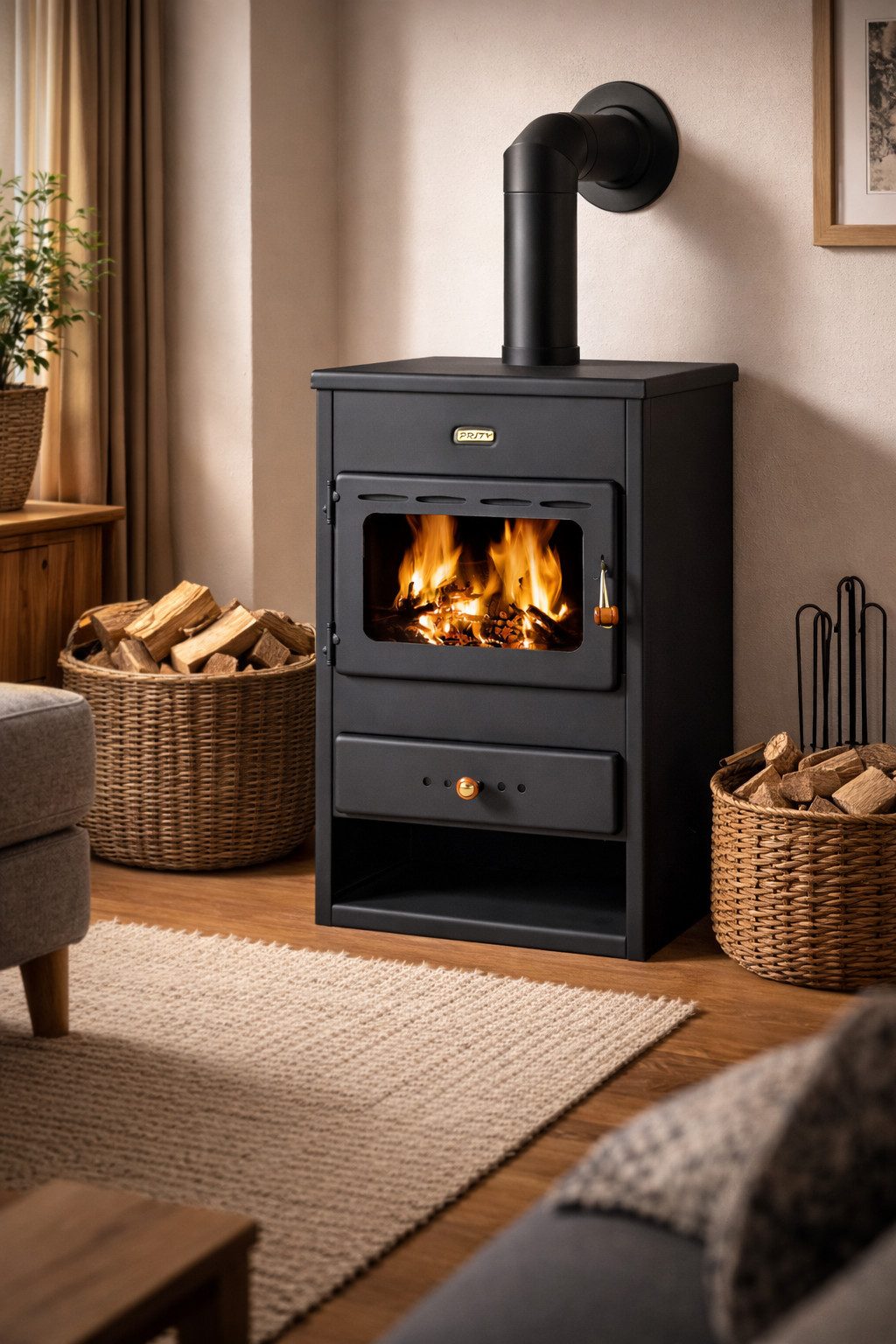 Prity Kaminofen PRITY K1 Kaminofen 9,5 kW Holzofen mit Schamotte BImSchV2 Ø130, 9,5 kW