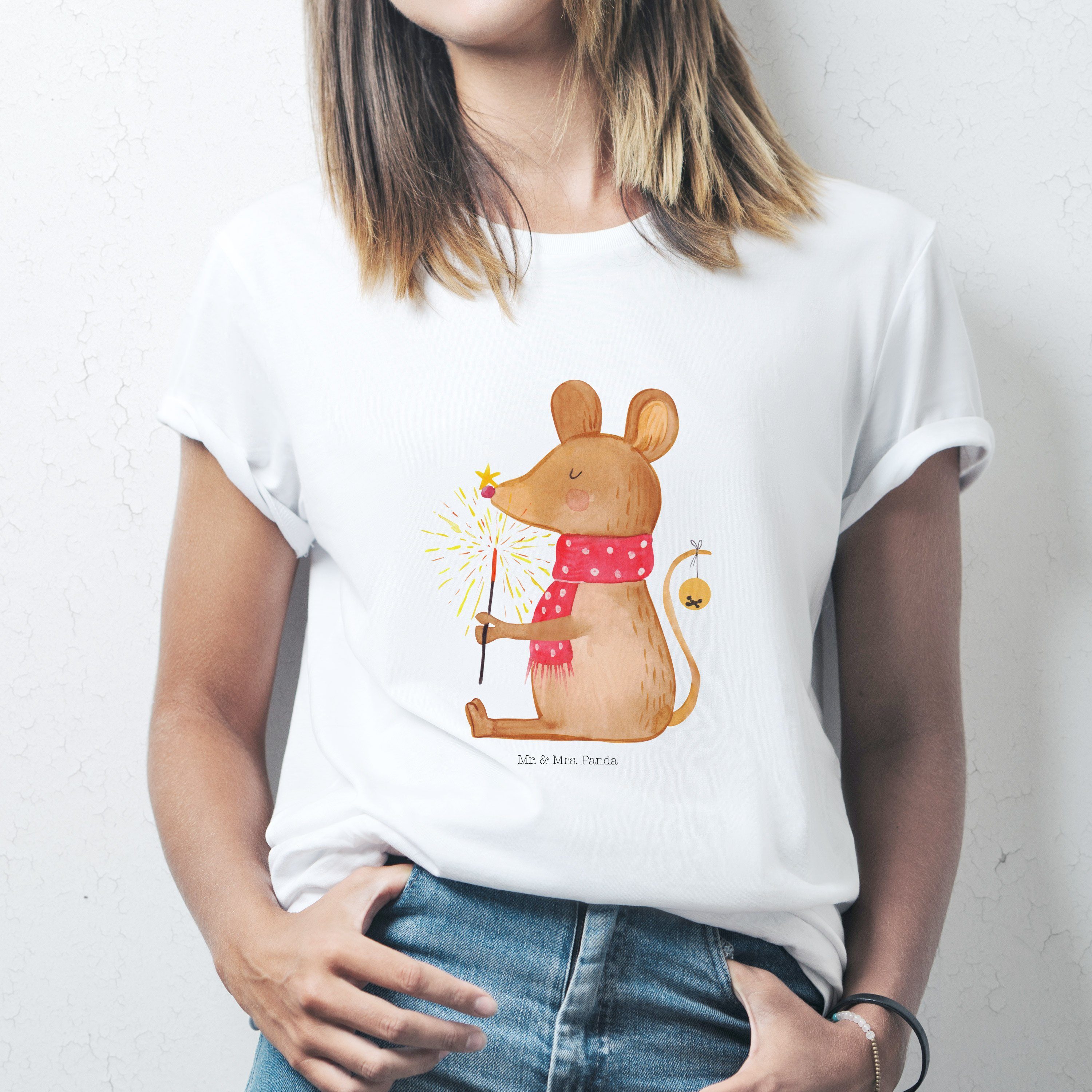 Weihnachten, & Mrs. Geschenk, - Schlafshirt, - Weiß Weihnachtsmaus (1-tlg) Panda T-Shirt Mr. Weihnacht