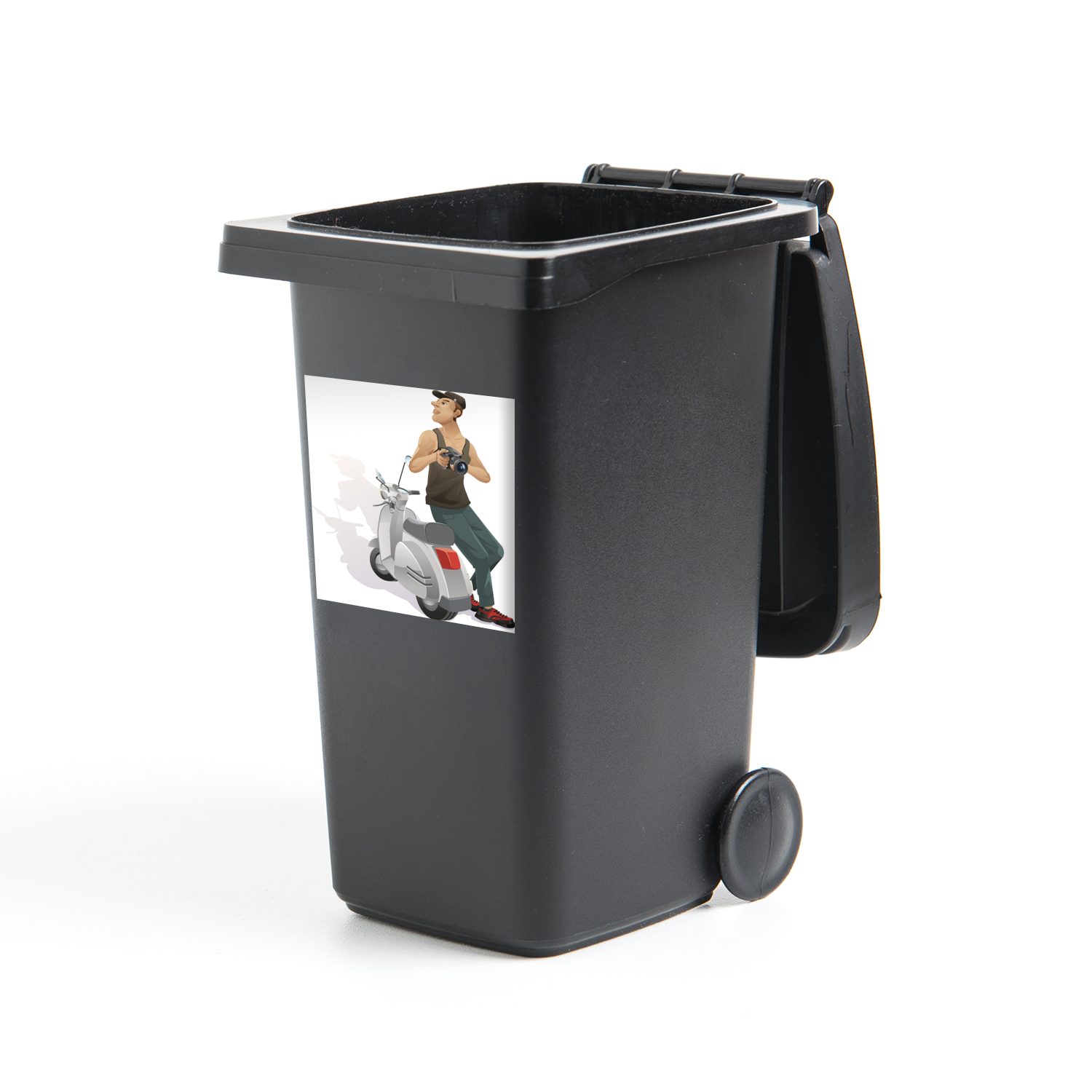 MuchoWow Wandsticker Illustration von jemandem mit einer Kamera und einem Vespa-Roller (1 St), Mülleimer-aufkleber, Mülltonne, Sticker, Container, Abfalbehälter