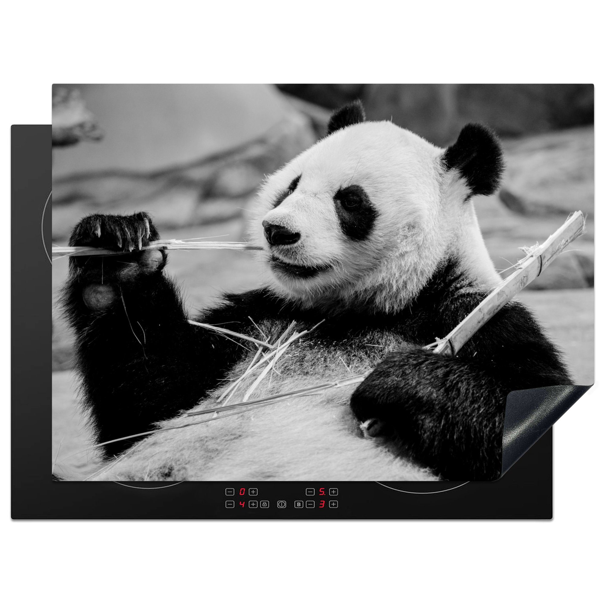 MuchoWow Herdblende-/Abdeckplatte Ein bambusfressender Panda - schwarz und weiß, Vinyl, (1 tlg), 70x52 cm, Mobile Arbeitsfläche nutzbar, Ceranfeldabdeckung