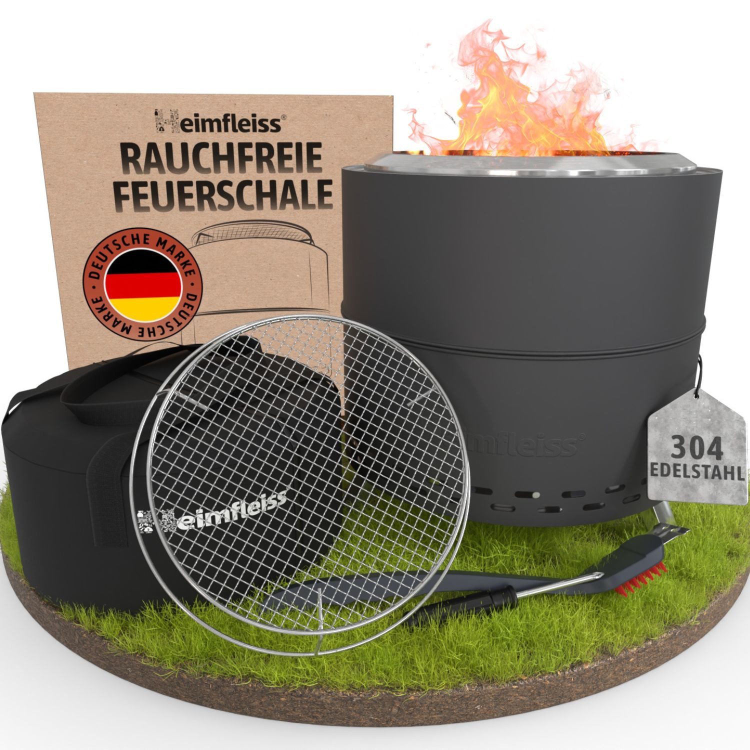 Heimfleiss® Feuerschale Feuerstelle Edelstahl 304 rauchreduziert Camping, (Komplettset mit Grillrost, 6-St., inkl. Topfhalter & Tragetasche), windgeschützt Ø 50 cm