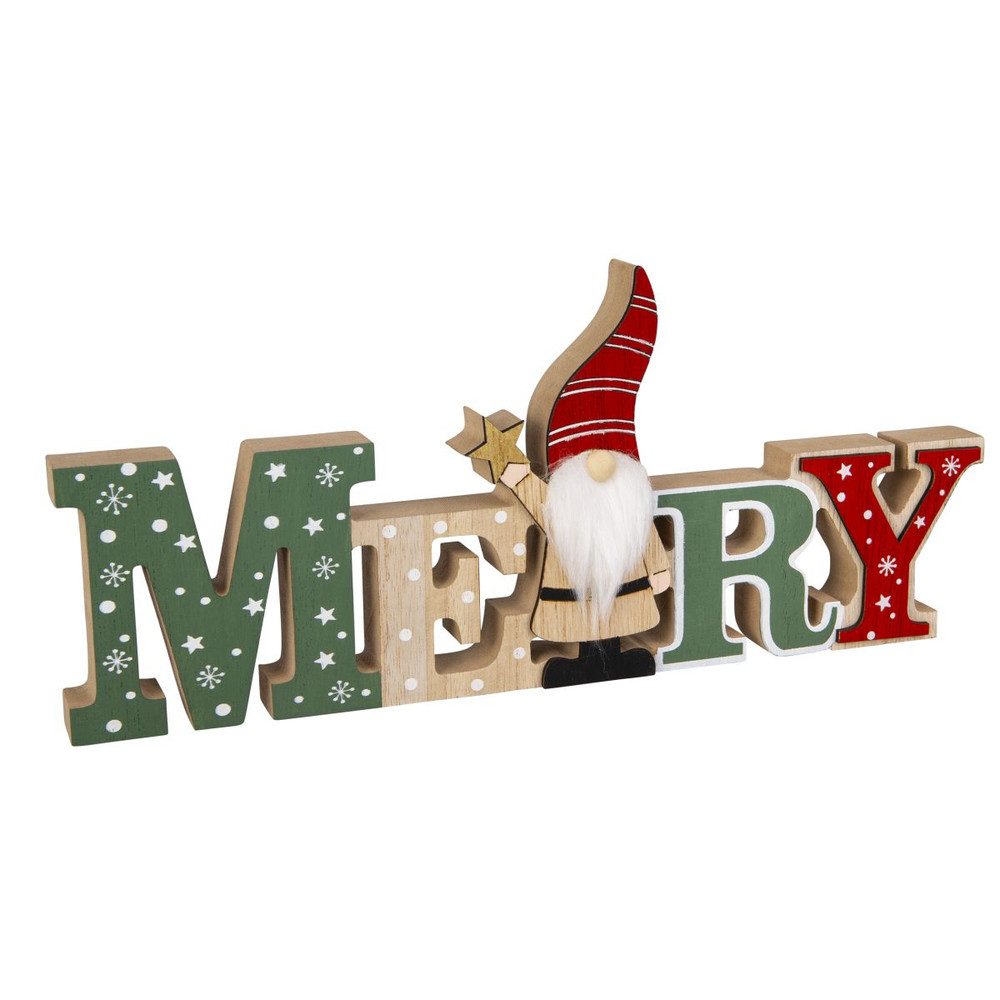 Weihnachtsfigur Schriftzug - Merry - mit Wichtel - ca. 29,5 x 2,5 x 12,5 cm