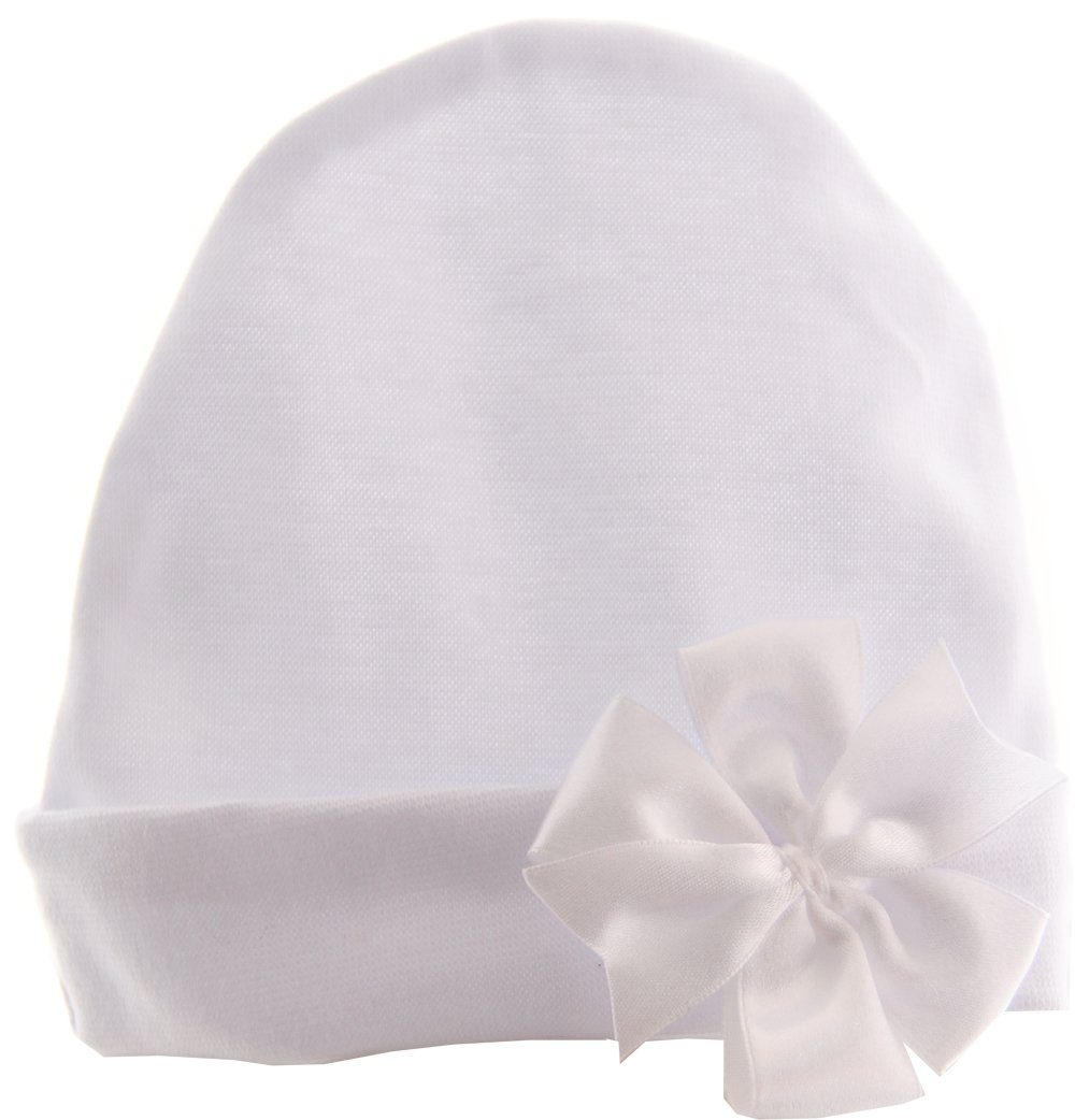 Baby Haube mit weiß, elastisch, Weiß mit Schleife, festlich, Bortini Mütze in La weiße & Taufe, zur Mütze Schleife Schal