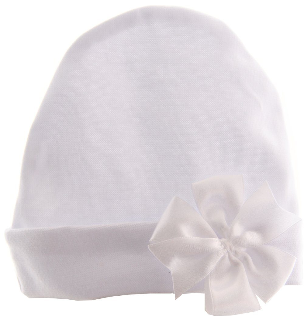 La Bortini Mütze & Schal Mütze mit Schleife Baby Haube in Weiß weiß mit Schleife festlich Taufe elastisch weiße 36 38 40 42 44 46 48
