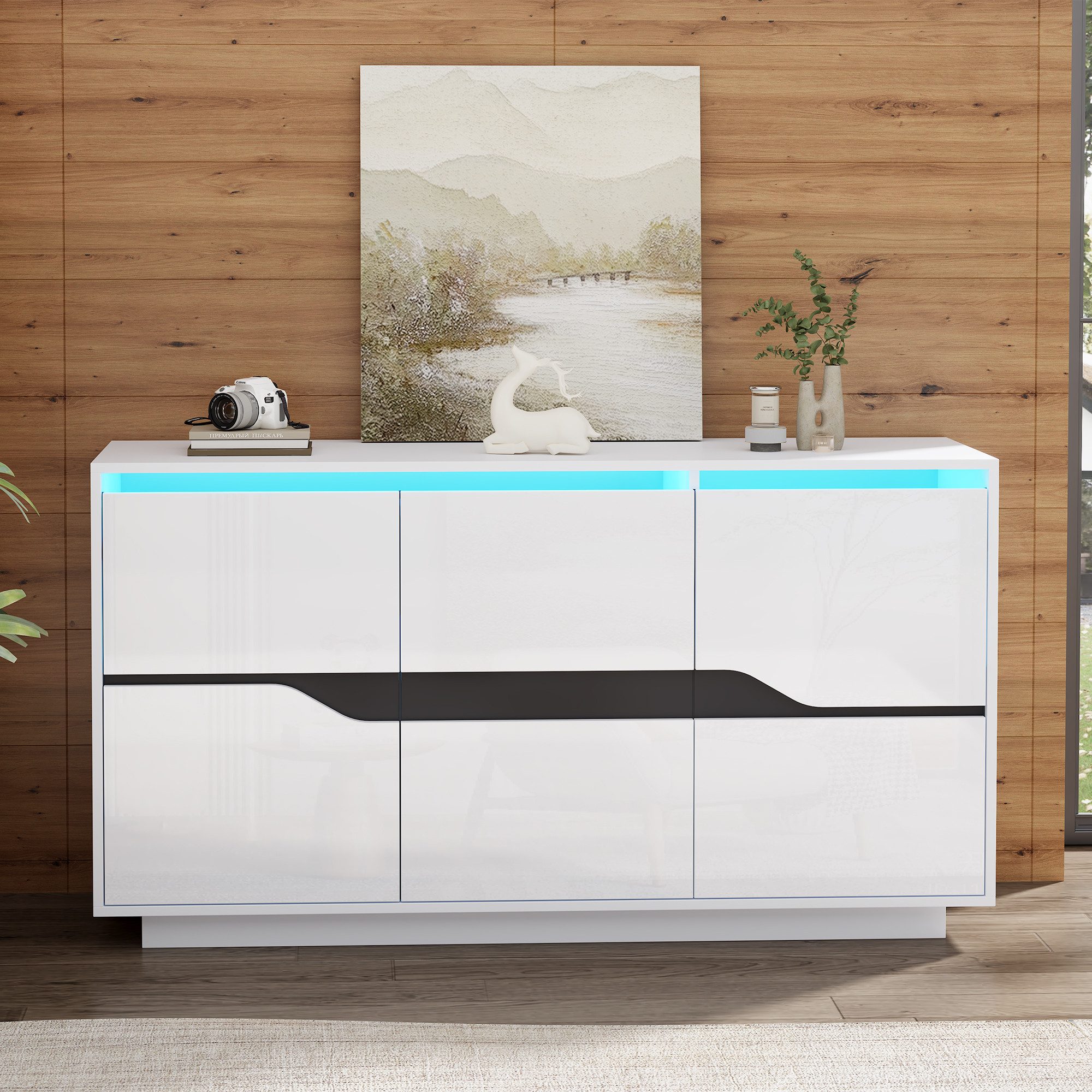 Merax Sideboard 140x40x76cm (1 St., Hochglanzfront in Weiß-Schwarz), Kommod günstig online kaufen