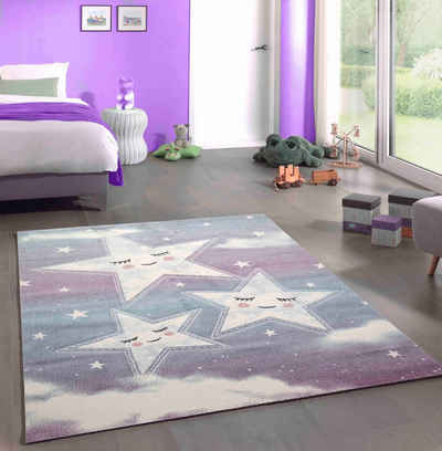 Kinderteppich Spiel Teppich Kinderzimmer Sterne Himmel Wolken Design blau creme, Carpetia, rechteckig, Höhe: 13 mm
