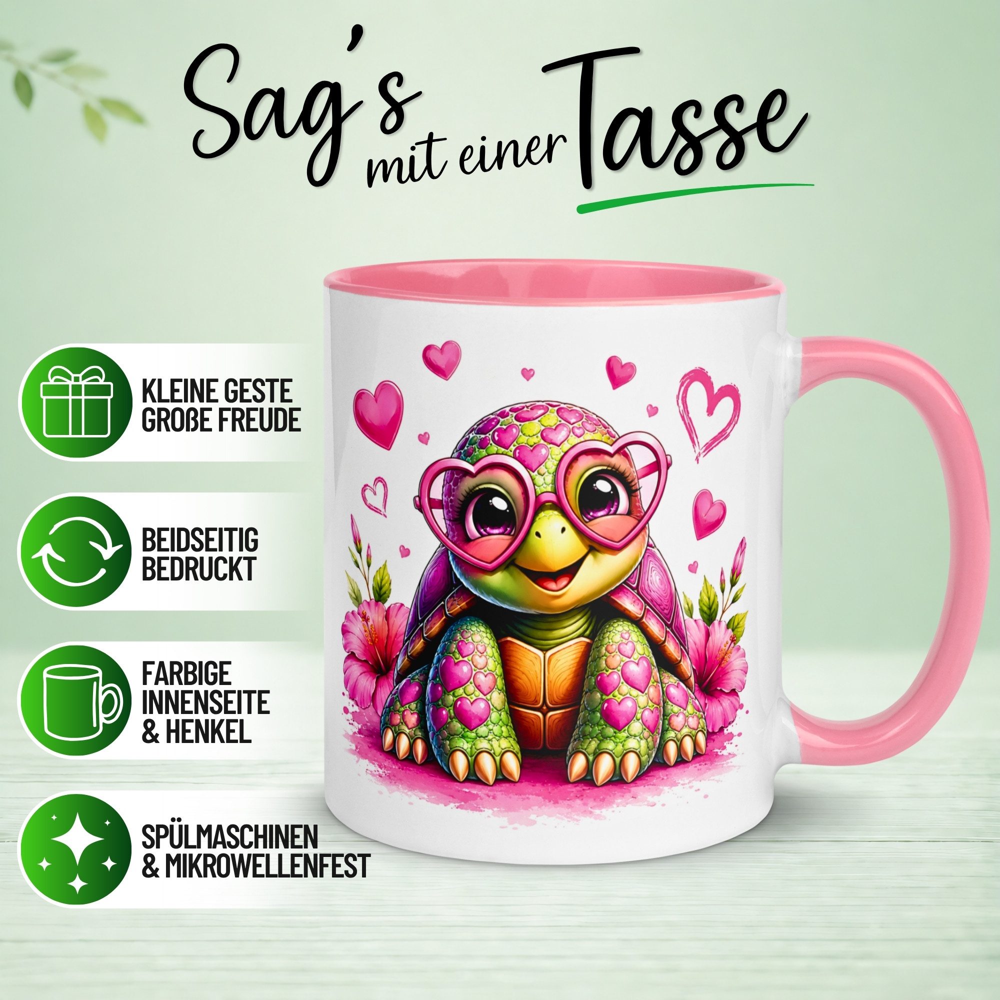 Momentals Tasse Schildkröte – „Schildkröte mit Herzbrille“ – Ich liebe Dich Geschenk, Gratis Versand · Links-&Rechtshänder · Spülmaschinenfest