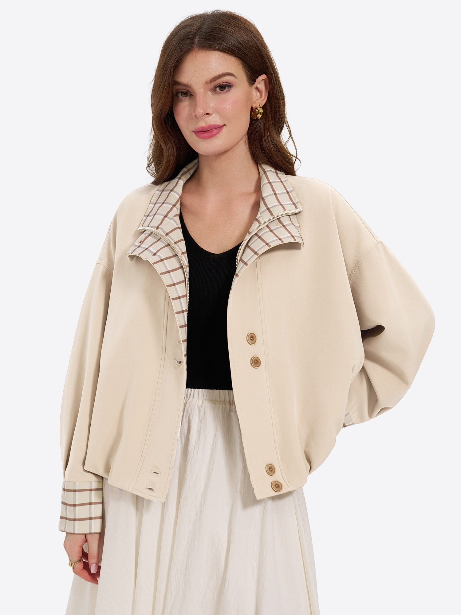 Imily Bela Kurzjacke Damen Übergangsjacke mit Karokragen (Packung, 1-St., 1per-Pack) mit Druckknöpfen