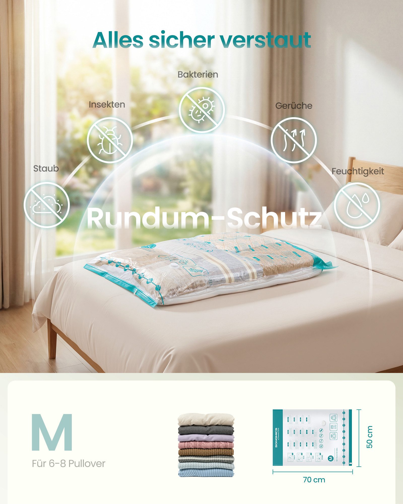 SONGMICS Vakuumierbeutel, Vakuumbeutel, Vakuumierbeutel für Kleidung, 6 Stück, Bettwäsche