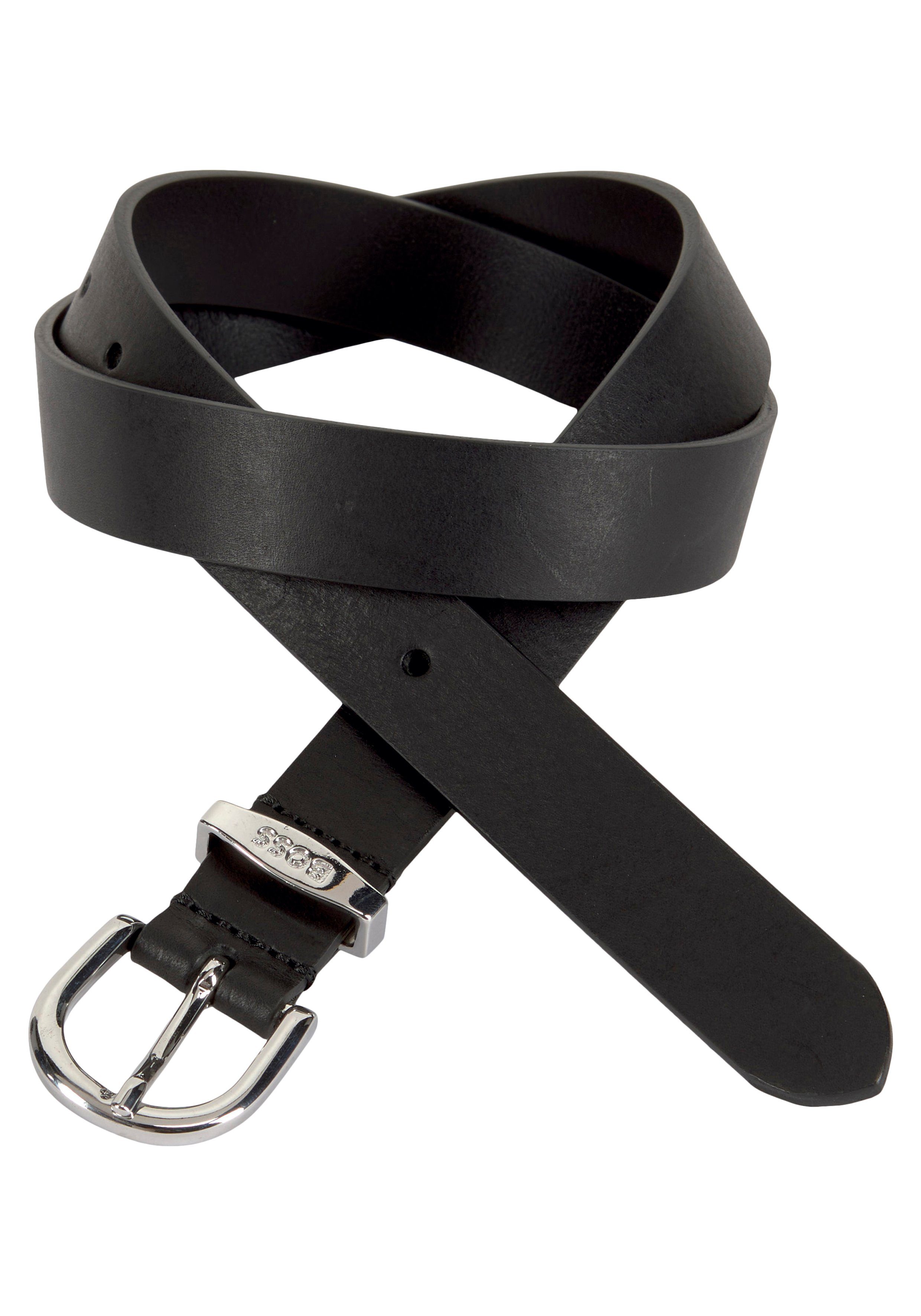 BOSS Ledergürtel Elen-ML_Sz25 mit silberner Schliesse und BOSS Logo-Schlaufe Black