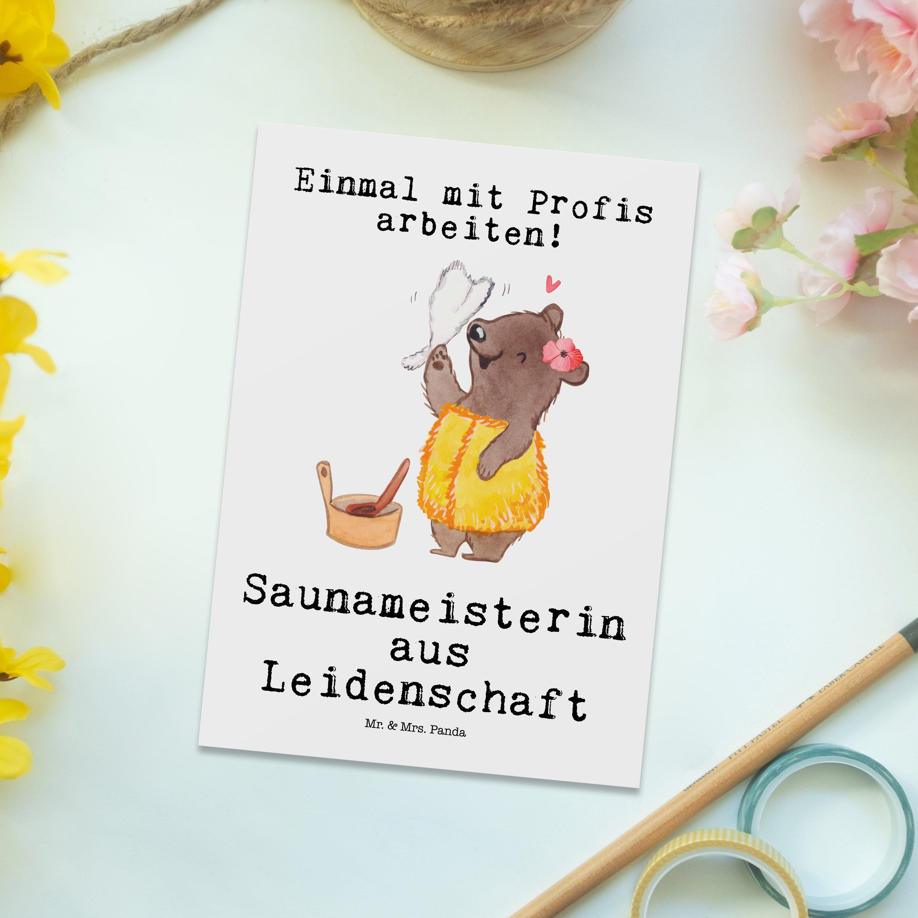 Geschenk, - Saunameisterin Mr. Schenken, Abschied Leidenschaft Weiß - & Mrs. Postkarte aus Panda