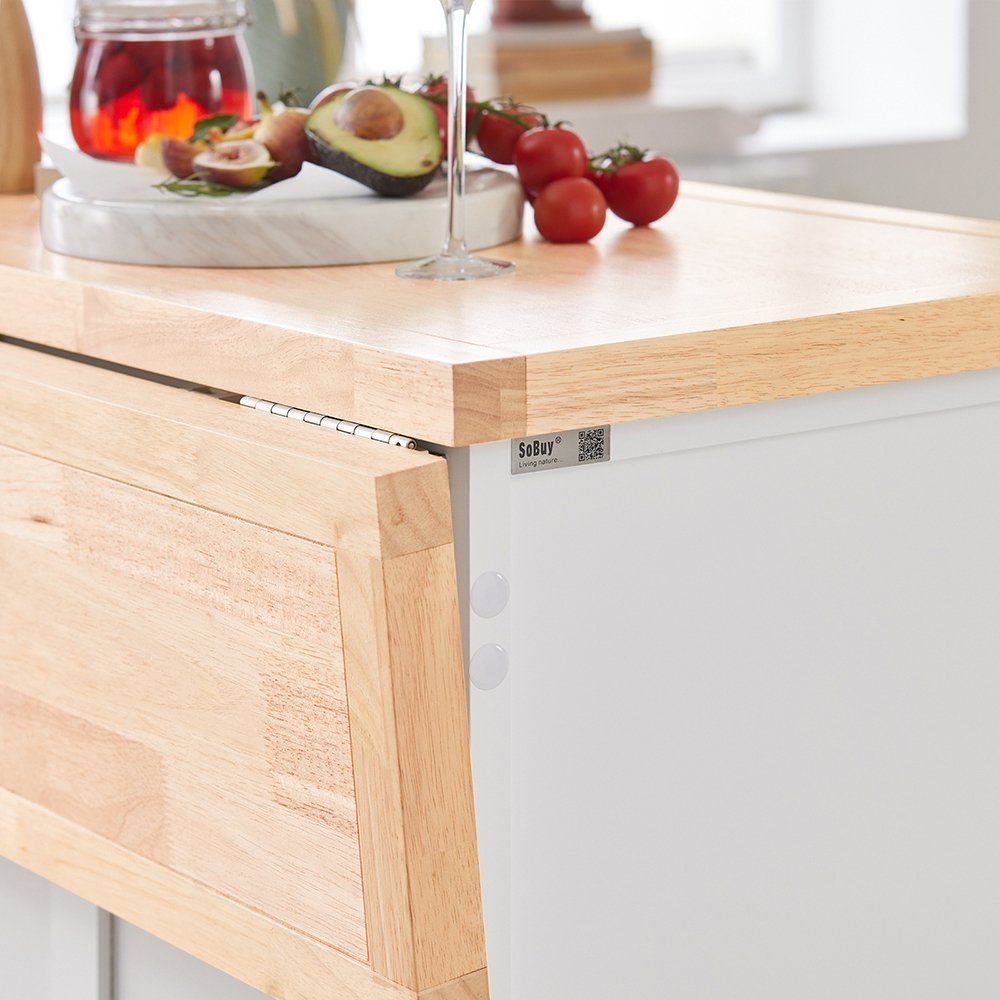 SoBuy Küchenwagen FKW71, Küchenschrank erweiterbarer Kücheninsel Edelstahlarbeitsplatte weiß mit