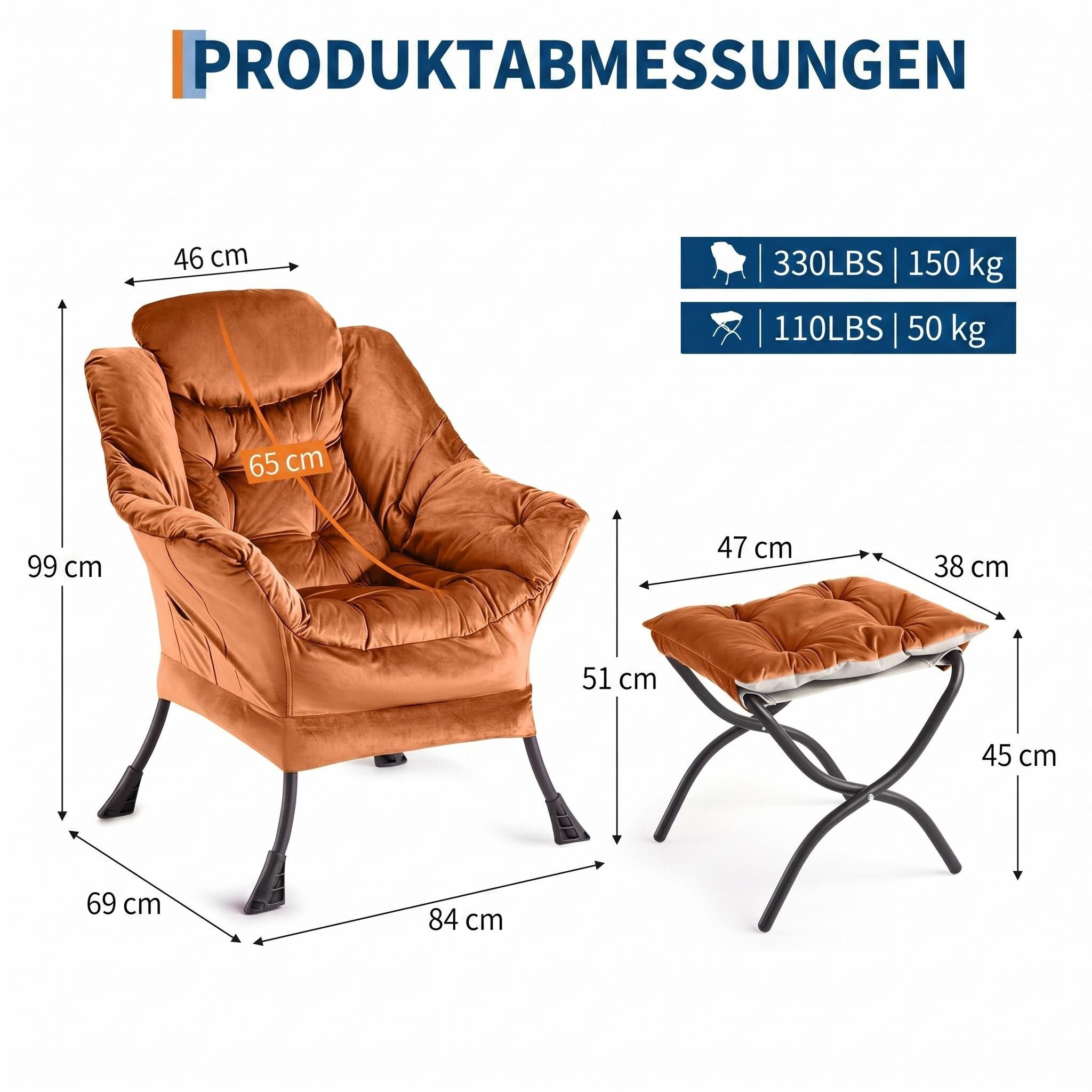 GarveeMore Loungesessel aus Holland-Velours (Dutch Velvet), 84×69×99 cm, 8 Farben (2-St., 2 Relaxsessel mit 2 Hocker)