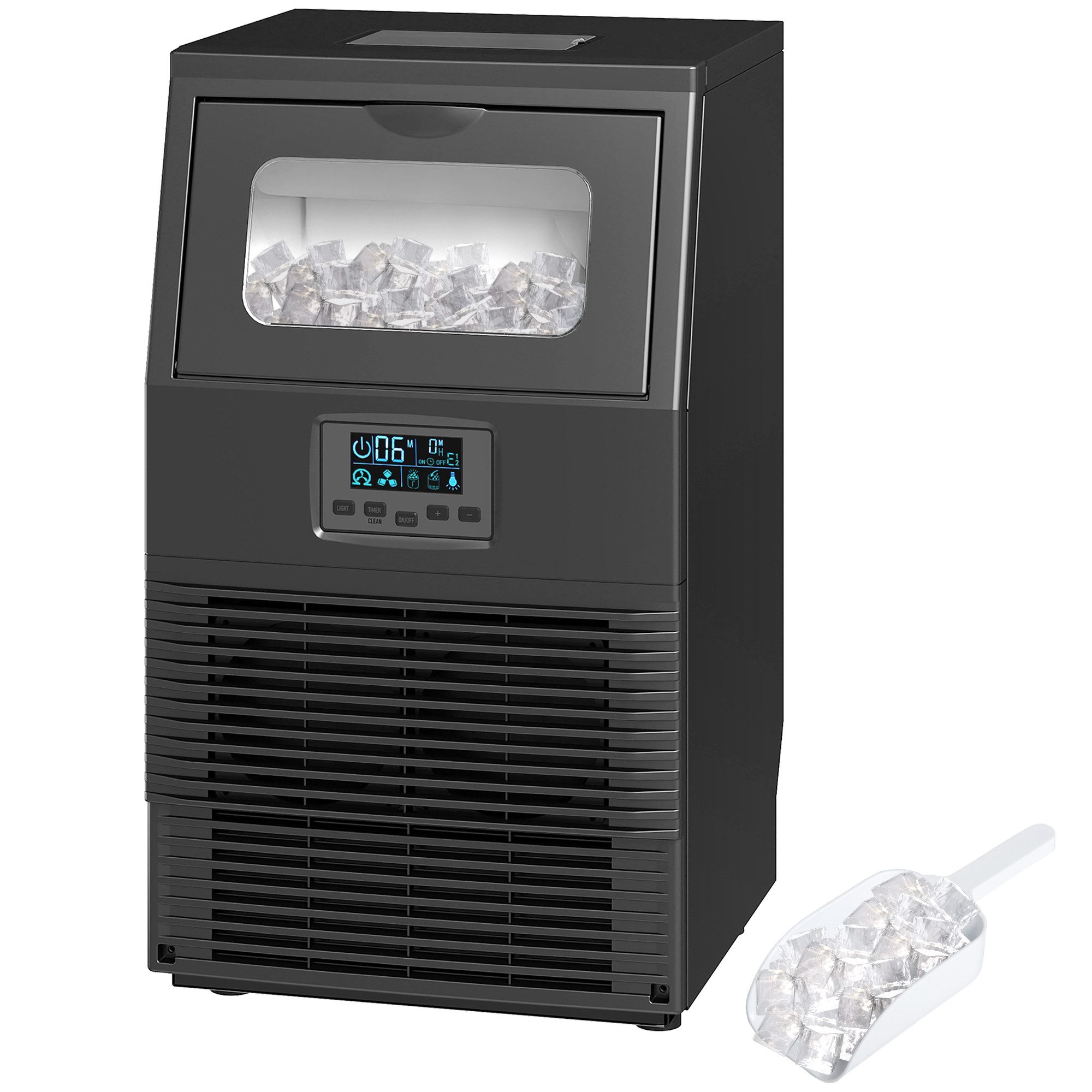 ibettertec Eiswürfelmaschine 30kg/24h freistehend 4kg Speicher Stahl Schwarz, Selbstreinigung Timer LCD-Panel 32 Würfel in 12-20 Min