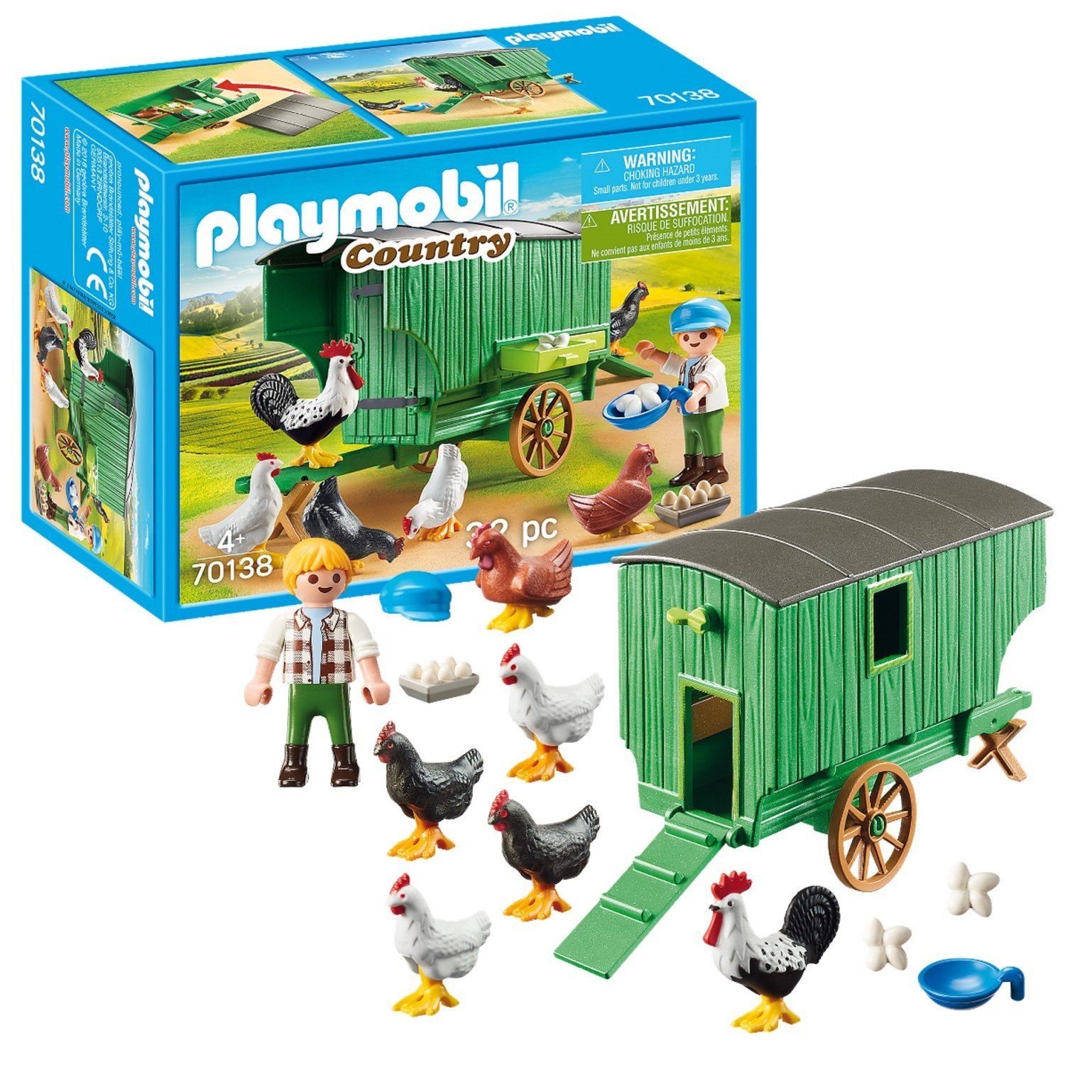 Playmobil® Spielwelt Country 70138 Mobiles Hühner-Haus Stall, Hühnerstall  Hahn Hennen Eier Tierzucht Hof Bauernhof Spielzeug-Set, 1 Figur mit vielen  Tieren und Zubehör