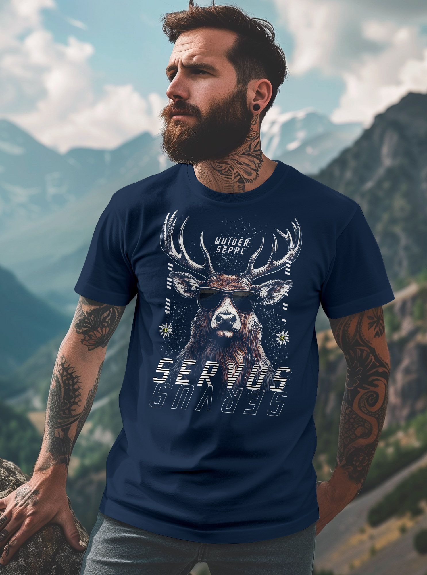 Neverless Print-Shirt Herren T-Shirt Servus Hirsch Trachtenshirt Modern Techno Style mit Print – Bild 4 von 5
