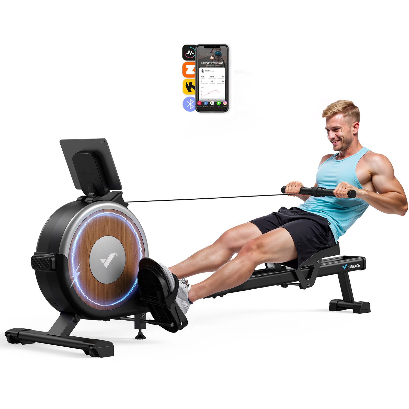 MERACH Rudermaschine Rudergeräte für zu Hause, Rudergerät mit Merach & Kinomap App (Selbstbetriebenes Power, 16 Widerstandsstufen, Bluetooth Monitor, Stabiles Doppelschienen-Design, 90 % vormontiert, Tablet-Halterung), Vertikale Lagerung, bis 158 kg Traglast, leises Workout