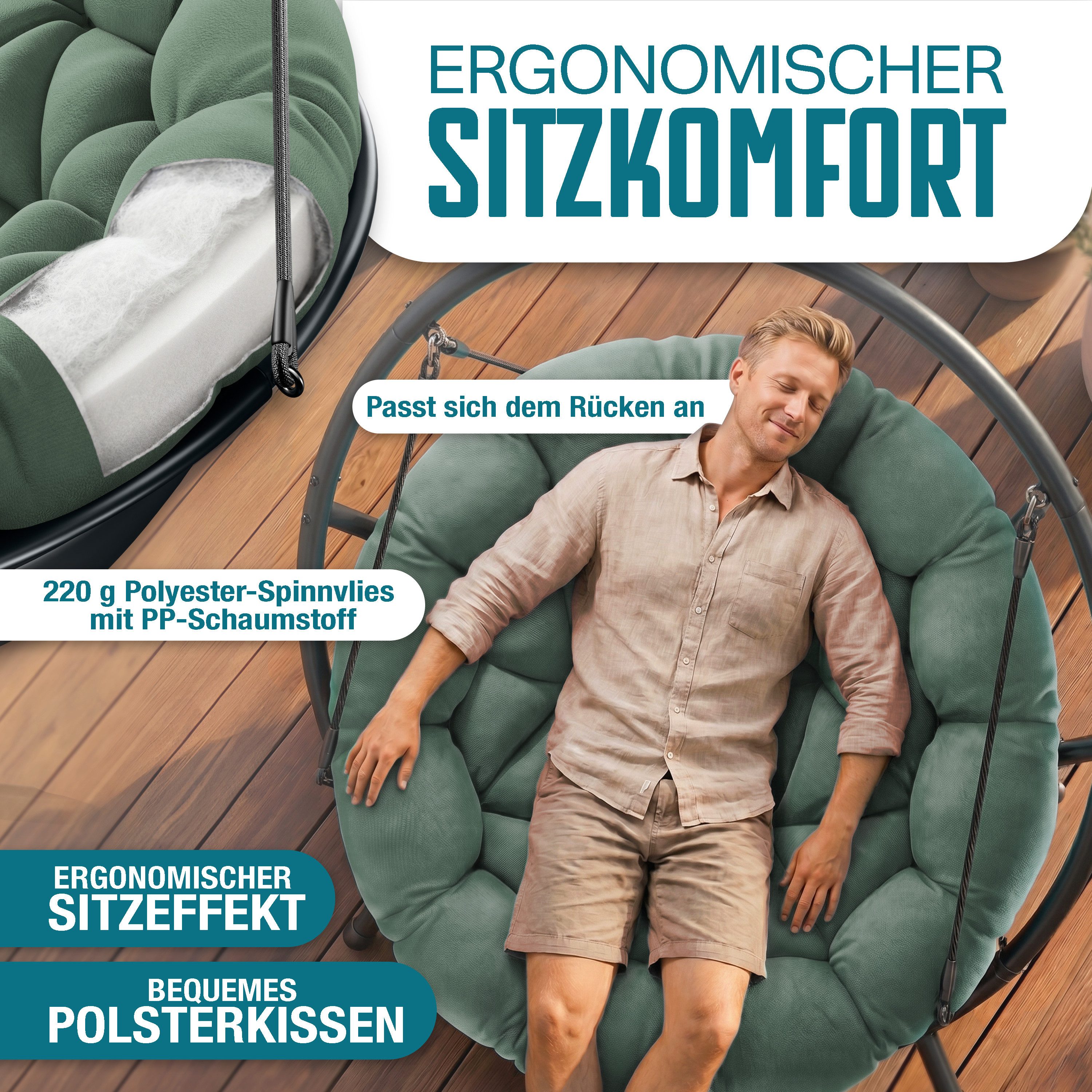 KESSER Hängesessel Bali Hängesessel mit Gestell Hängeschaukel Hängestuhl bis 150kg (mit Wipp Funktion, Kissen & Seitentasche), Hängekorb Stahlgestell Schaumstoff Sitzpolster für Wohnzimmer & Garten