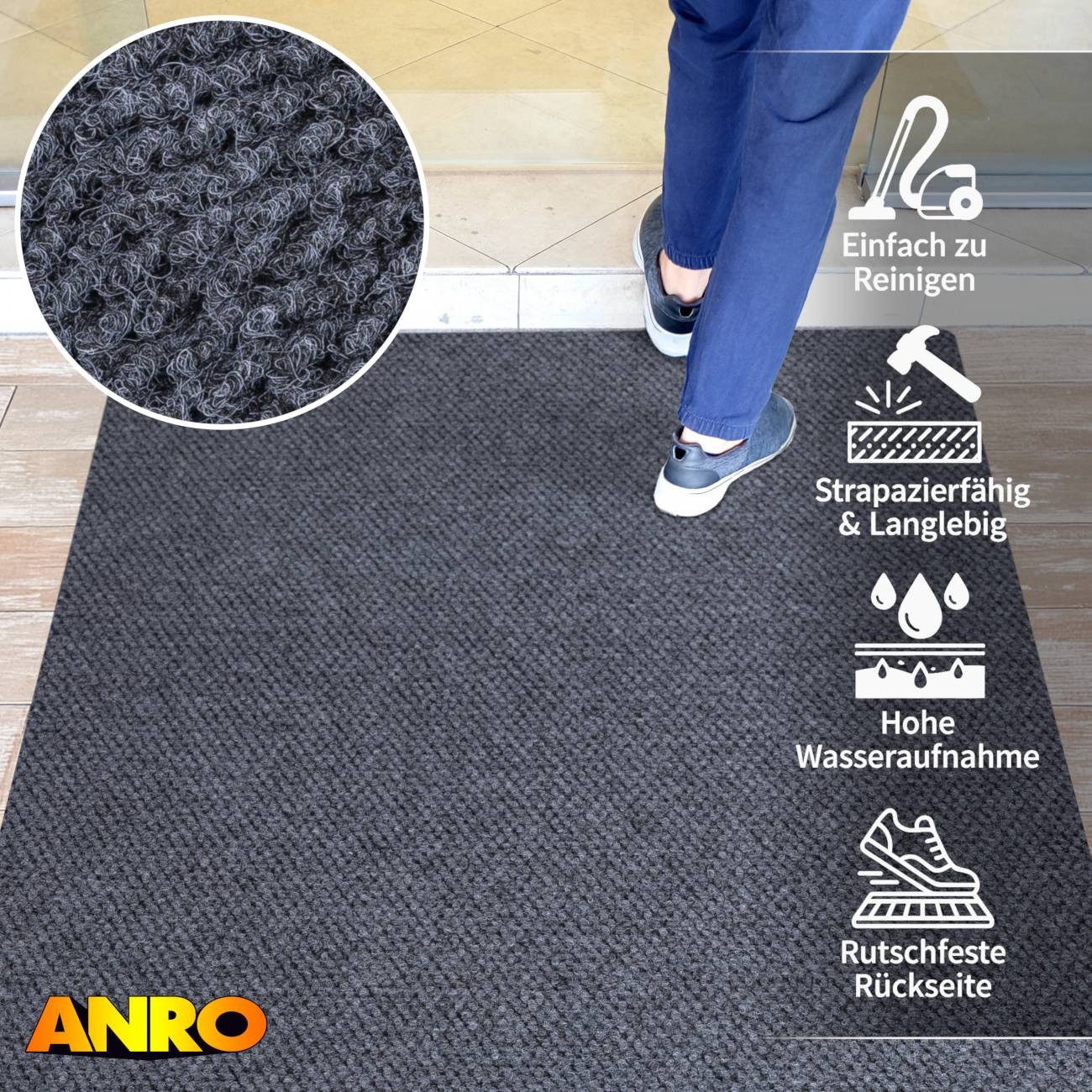 ANRO Fußmatte BOB Eingangsschutz 8mm strapazierfähig Ananas Schmutzfangmatte, eckig, Höhe: 8 mm, Pflegeleicht robust 60x30cm Industrie Grau