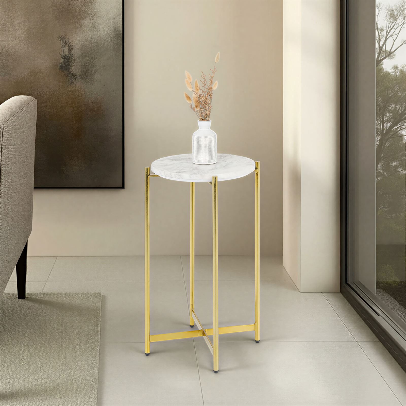 IDIMEX Beistelltisch CRATO, Couchtisch rund 36 cm mit Marmorplatte und Metallgestell Bronze/Weiß