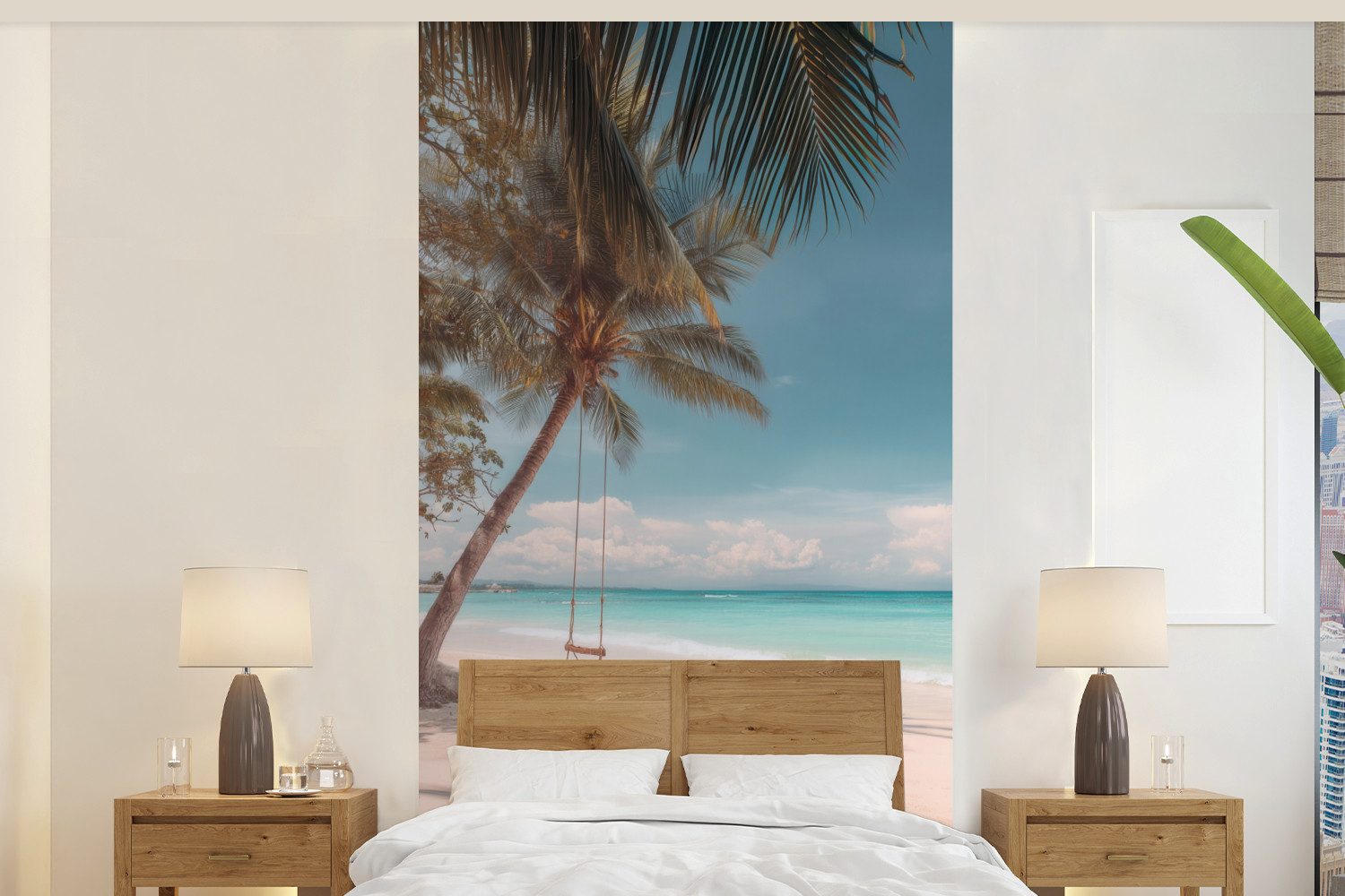 MuchoWow Fototapete Palme - Schaukel - Strand - Himmel, Matt, bedruckt, Vliestapete für Wohnzimmer Schlafzimmer Küche, Fototapete, 120x240 cm