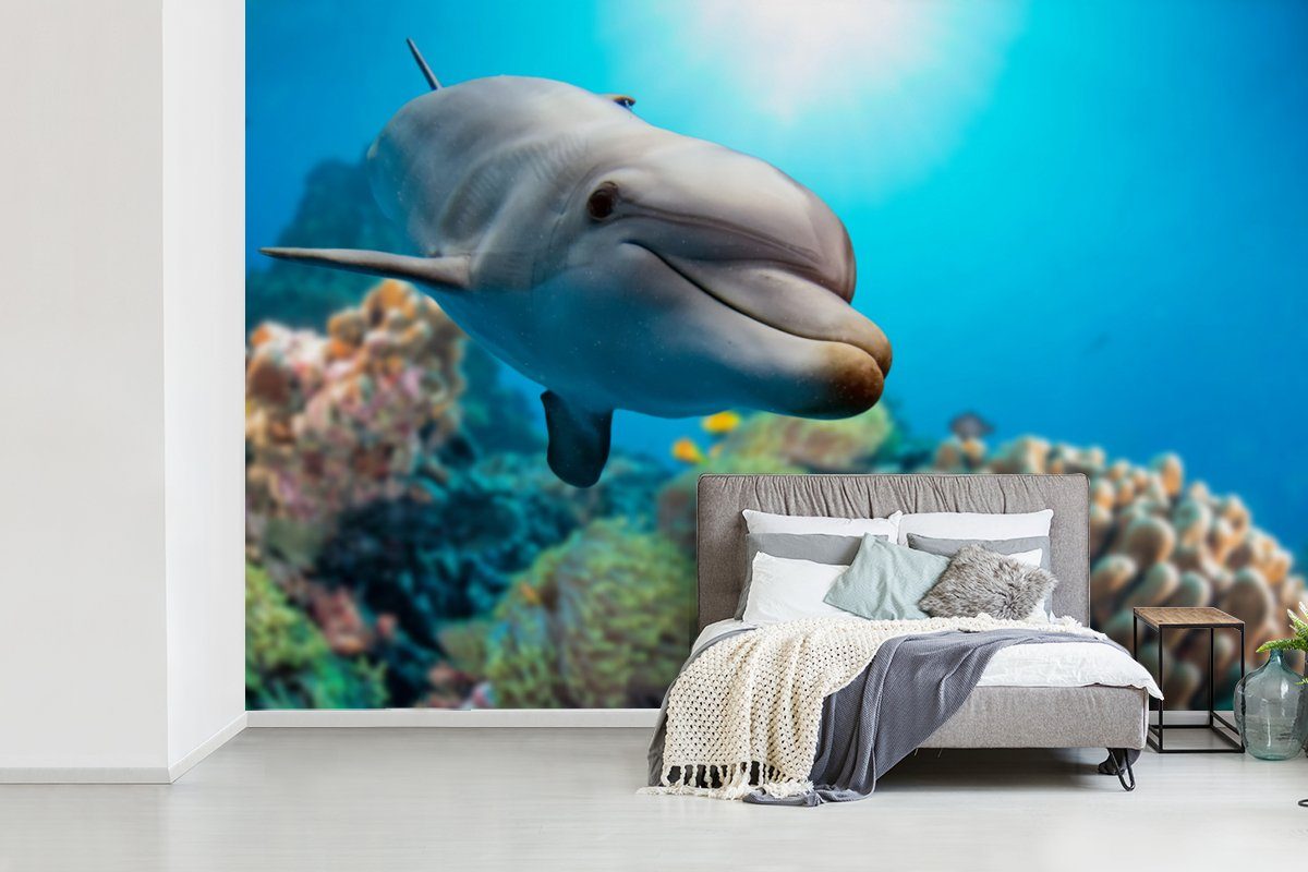Kinderzimmer, Fototapete Wohnzimmer, Meer St), - MuchoWow bedruckt, Tapete (6 Koralle, für - Wallpaper Matt, Delfin Vinyl Schlafzimmer,