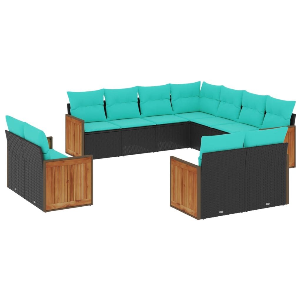 vidaXL Gartenlounge-Set 11-teiliges Gartensofa-Set mit Kissen, schwarzes Polyrattan, (1-tlg)