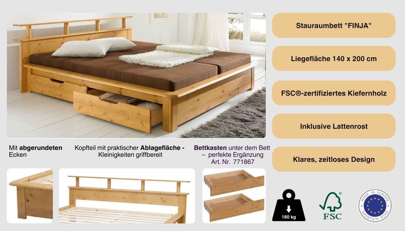 OTTO home Funktionsbett "FINJA " Kieferbett, Futonbett, Kopfteil mit Ablagefläche, zertifiziertes Massivholz, Schubkästen optional – Bild 3 von 5