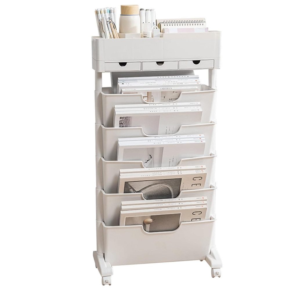 NUODWELL Bücherregal 6 Etagen Mobiler Bücherregal,offen Bücherregal mit Rollen 3 Schubladen