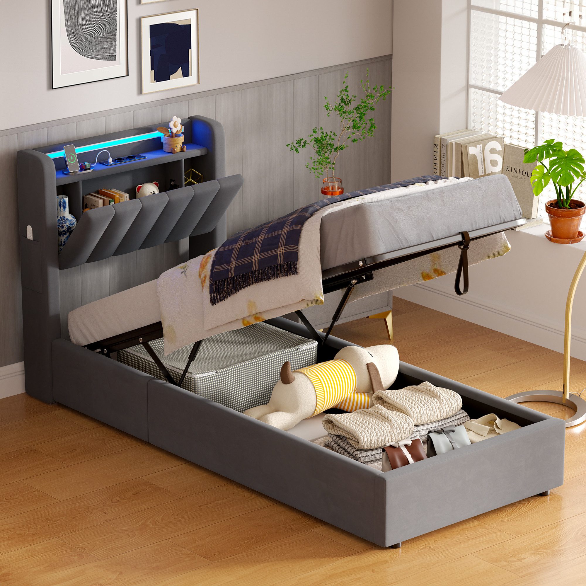 REDOM Polsterbett Hydraulisches Bett mit LED-Beleuchtung & USB-Ladestation (Funktionsbett, 1-tlg., 90x190 cm, inkl. Stauraum, Kopfteilregal & Samtbezug), Für ein komfortables und praktisches Schlafambiente(ohne Matratze)