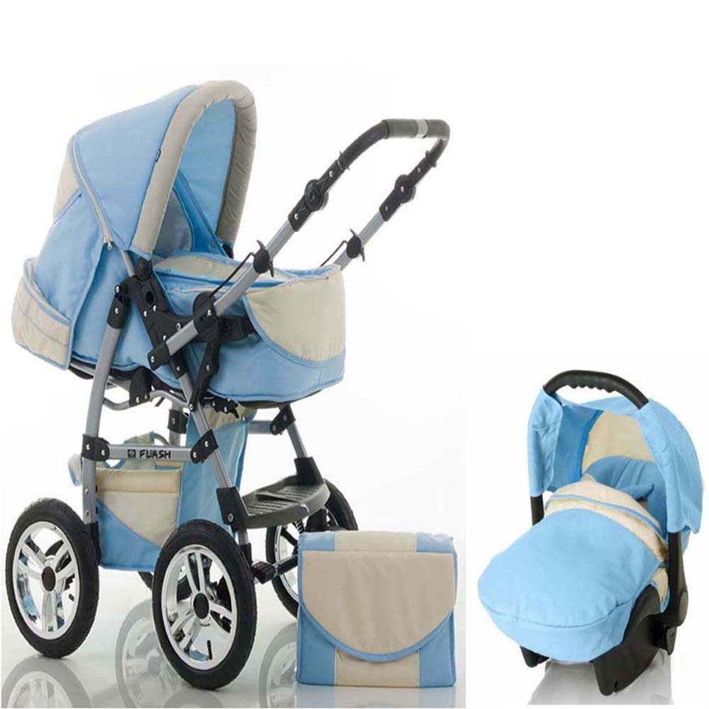 babies-on-wheels Kombi-Kinderwagen 3 in 1 Kinderwagen-Set Flash inkl. Autositz - 15 Teile - in 18 Farben Hellblau-Creme