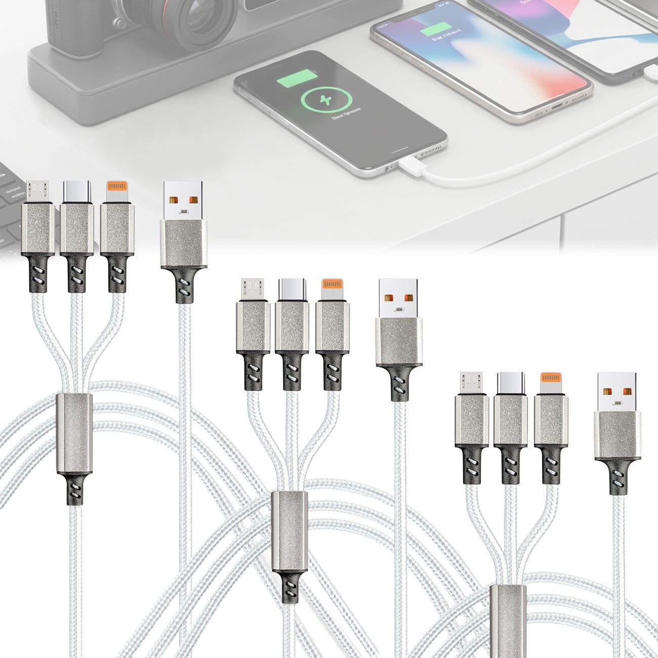 shop'n smile ideoon 3in1 Universal USB-Schnellladekabel, 25W Micro-USB, USB-C & Lightning USB-Ladegerät (3-tlg., 1er-Set & 2er-Set & 3er-Set, 3in1 Ladekabel 120cm / 25W Schnellladefunktion & Textilummantelung)