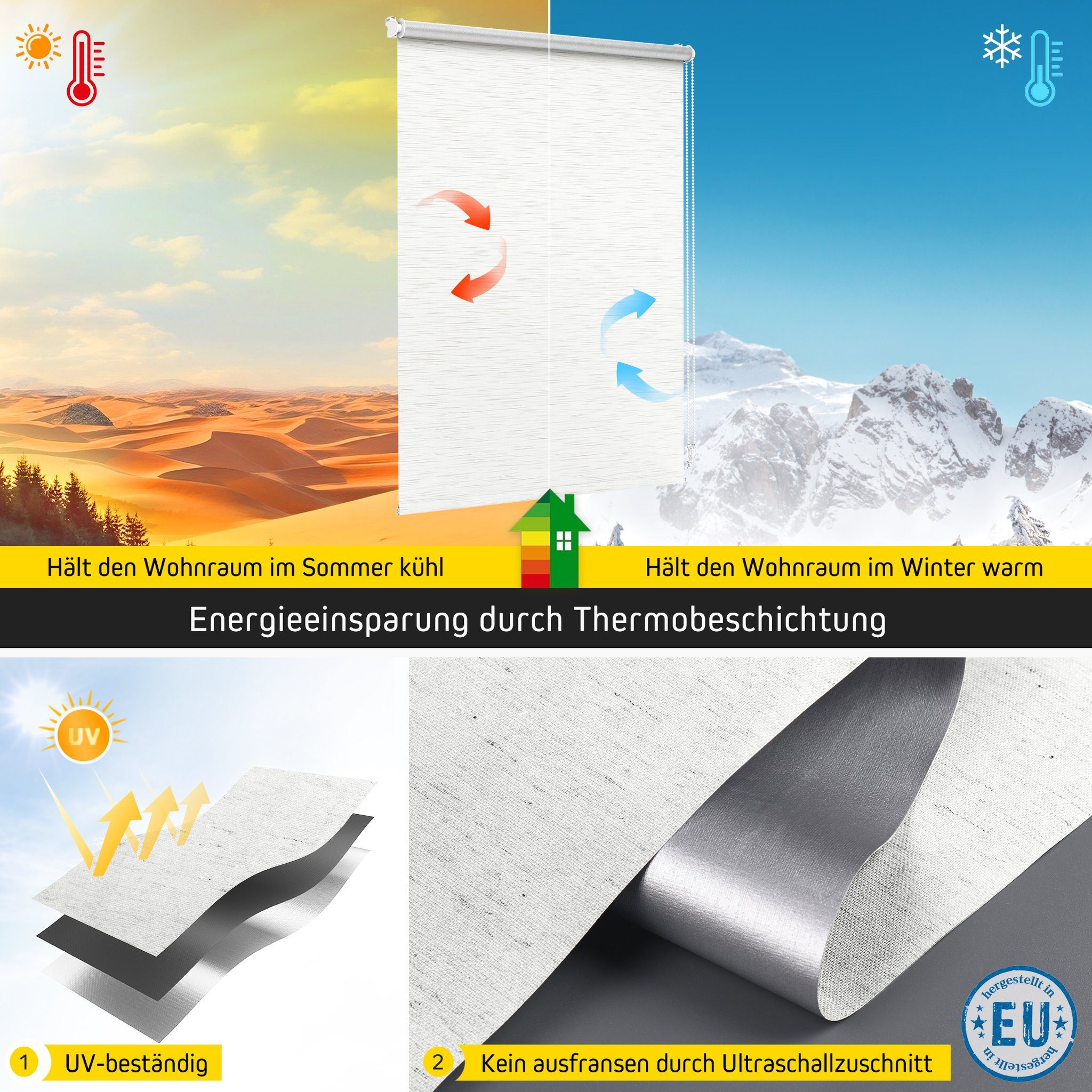 Verdunklungsrollo Thermorollo, 32,5 x 100 cm, weiß-strukturiert [Stoffbreite 29,1 cm], jalousiescout, verdunkelnd, ohne Bohren, freihängend, Klemmfix, Thermo-Rollo Vollverdunkelnd Thermo-Beschichtung, energiesparend